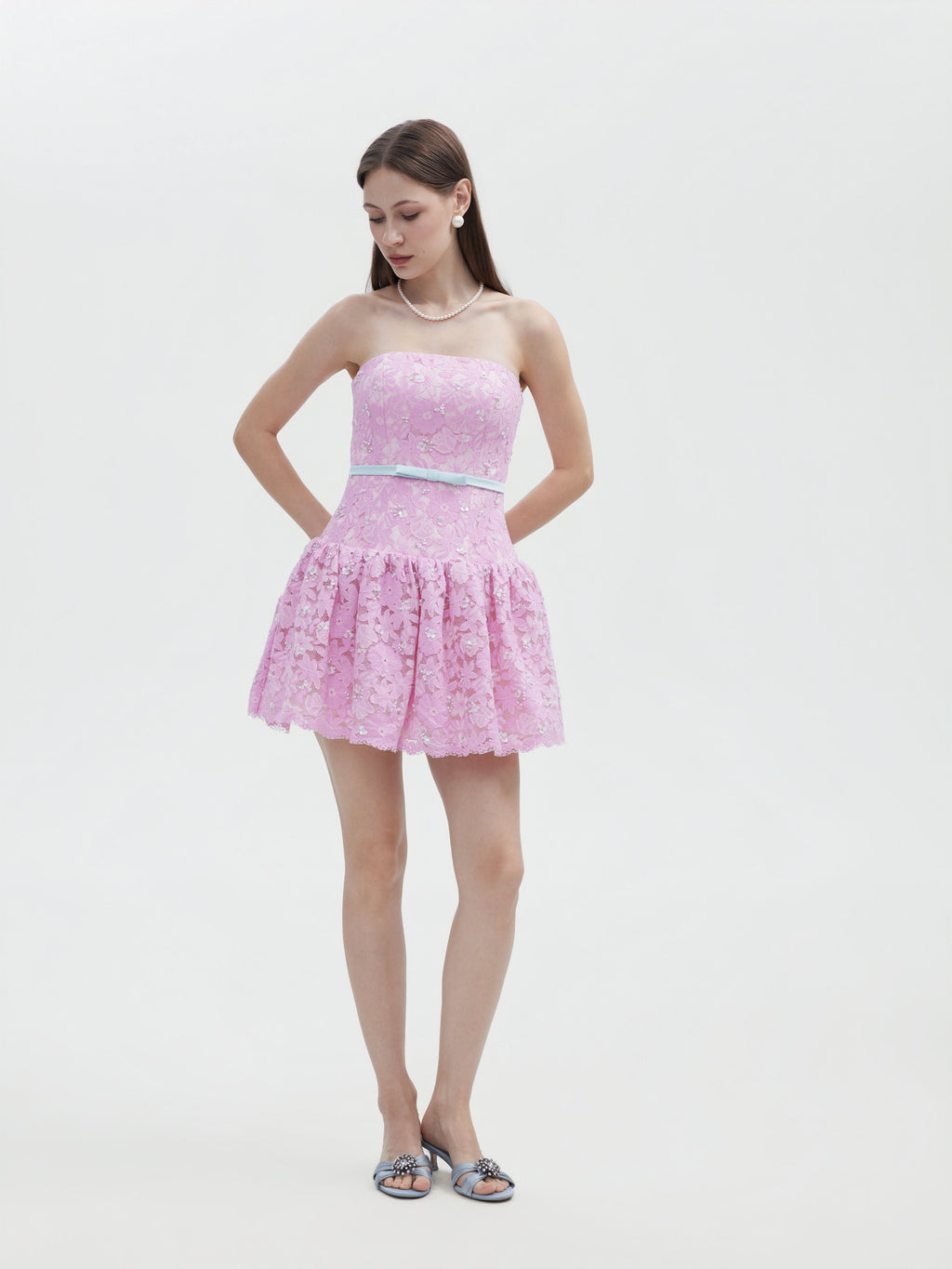 PINK LACE STRAPLESS MINI DRESS WITH BOW