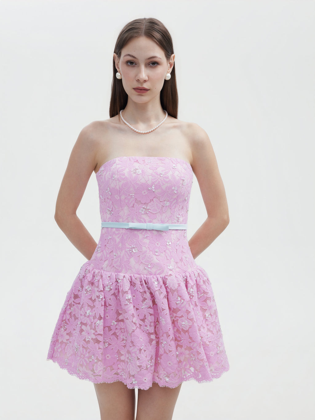 PINK LACE STRAPLESS MINI DRESS WITH BOW