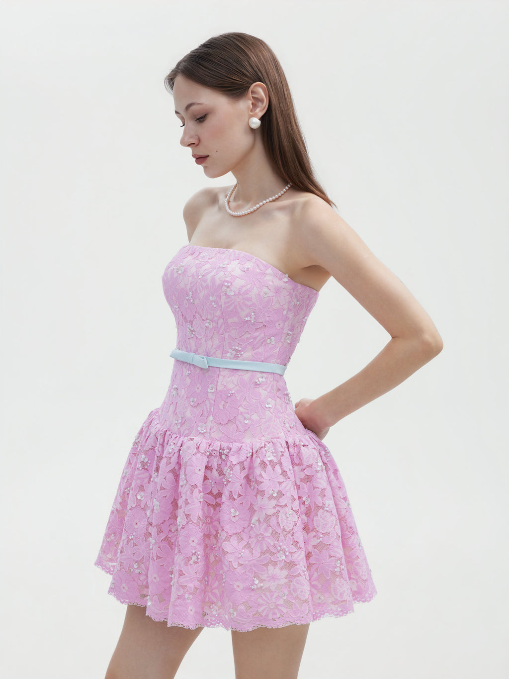 PINK LACE STRAPLESS MINI DRESS WITH BOW