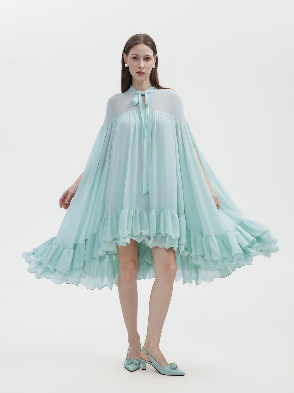 MINT CHIFFON CAPE MINI DRESS