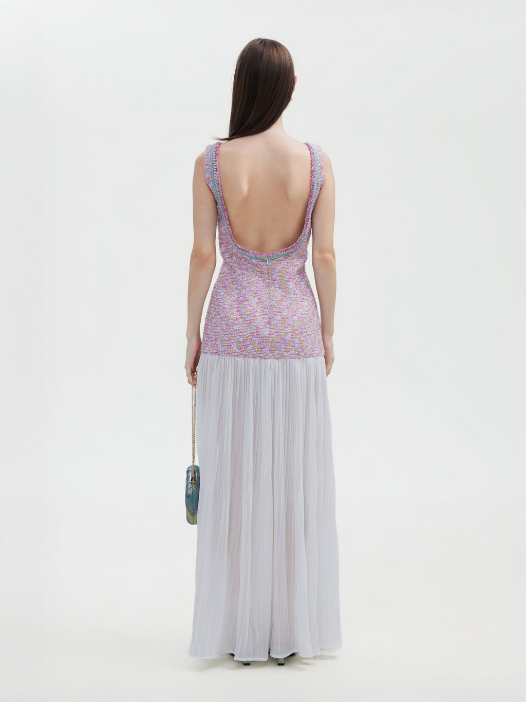TWEED CHIFFON OPEN- BACK MAXI DRESS