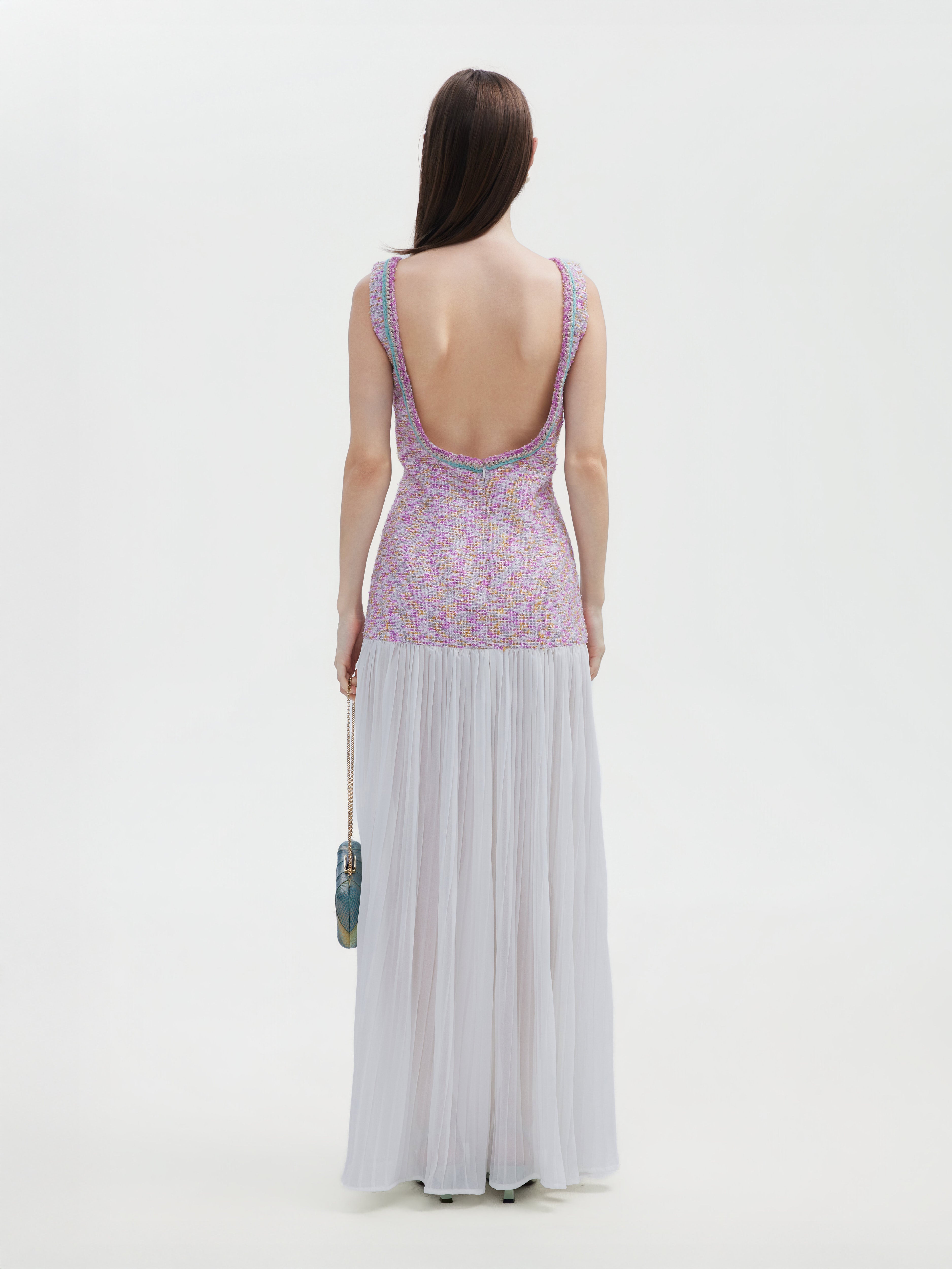 TWEED CHIFFON OPEN- BACK MAXI DRESS