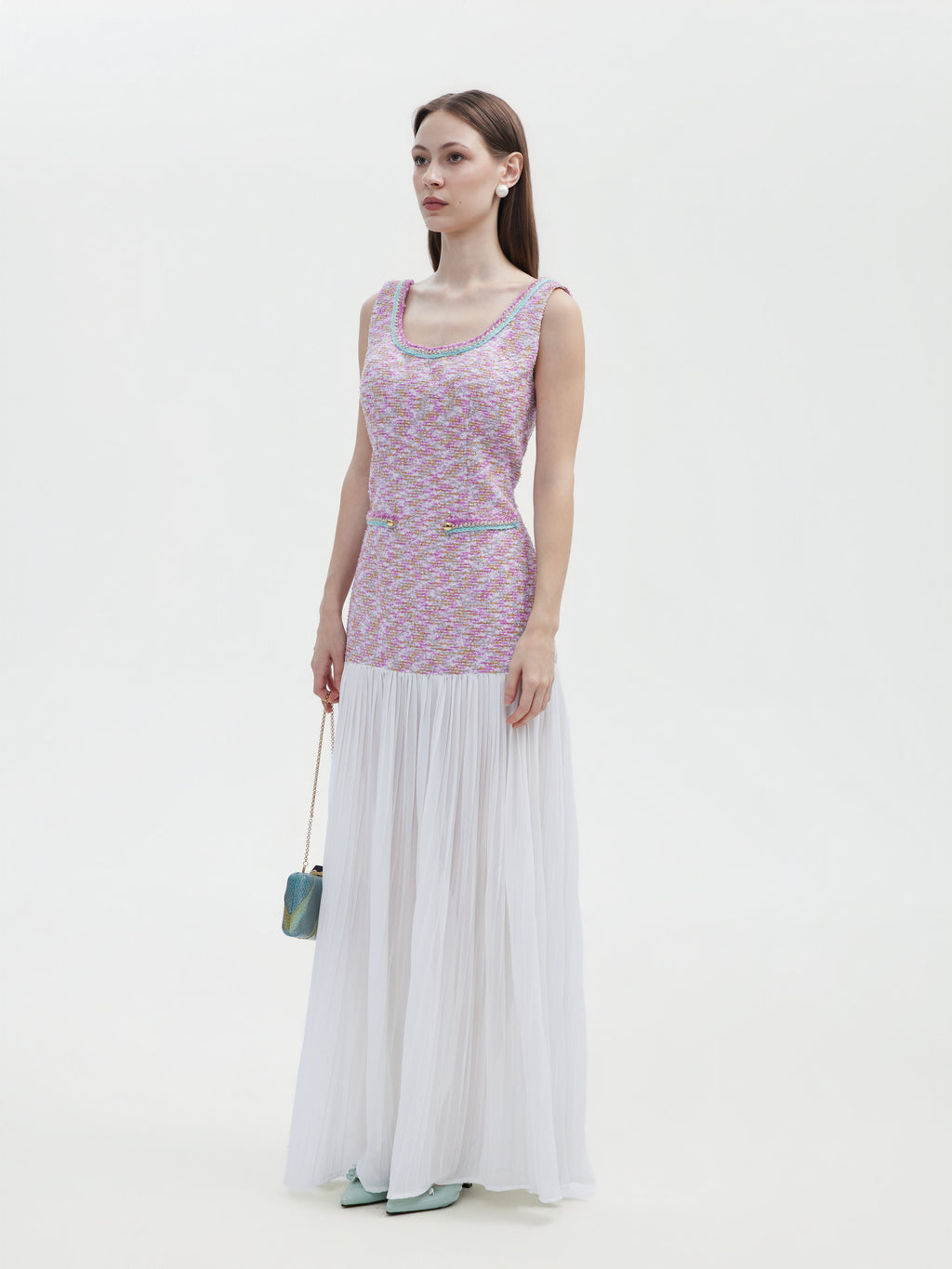 TWEED CHIFFON OPEN- BACK MAXI DRESS