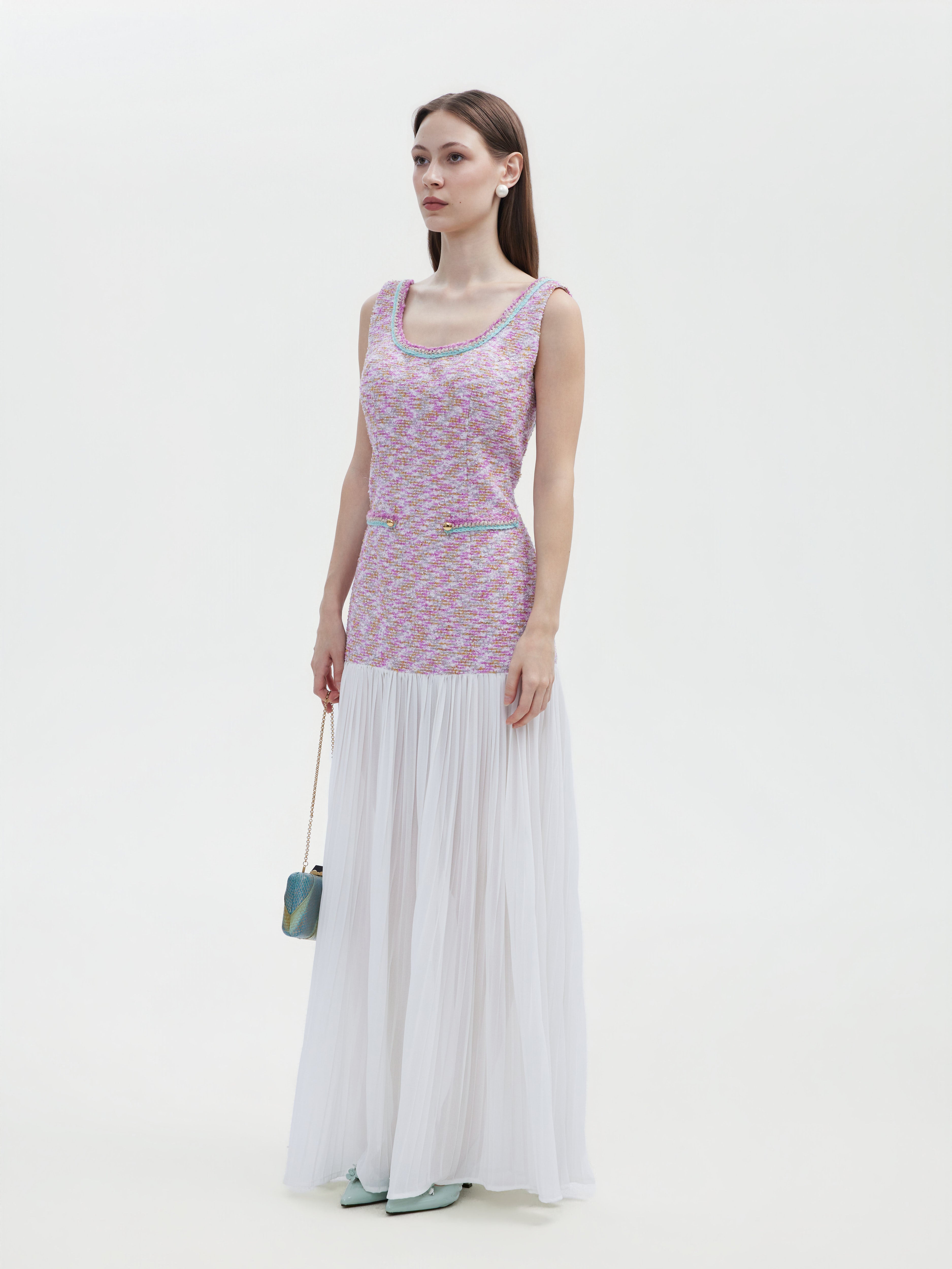 TWEED CHIFFON OPEN- BACK MAXI DRESS
