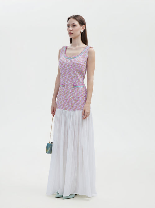 TWEED CHIFFON OPEN- BACK MAXI DRESS