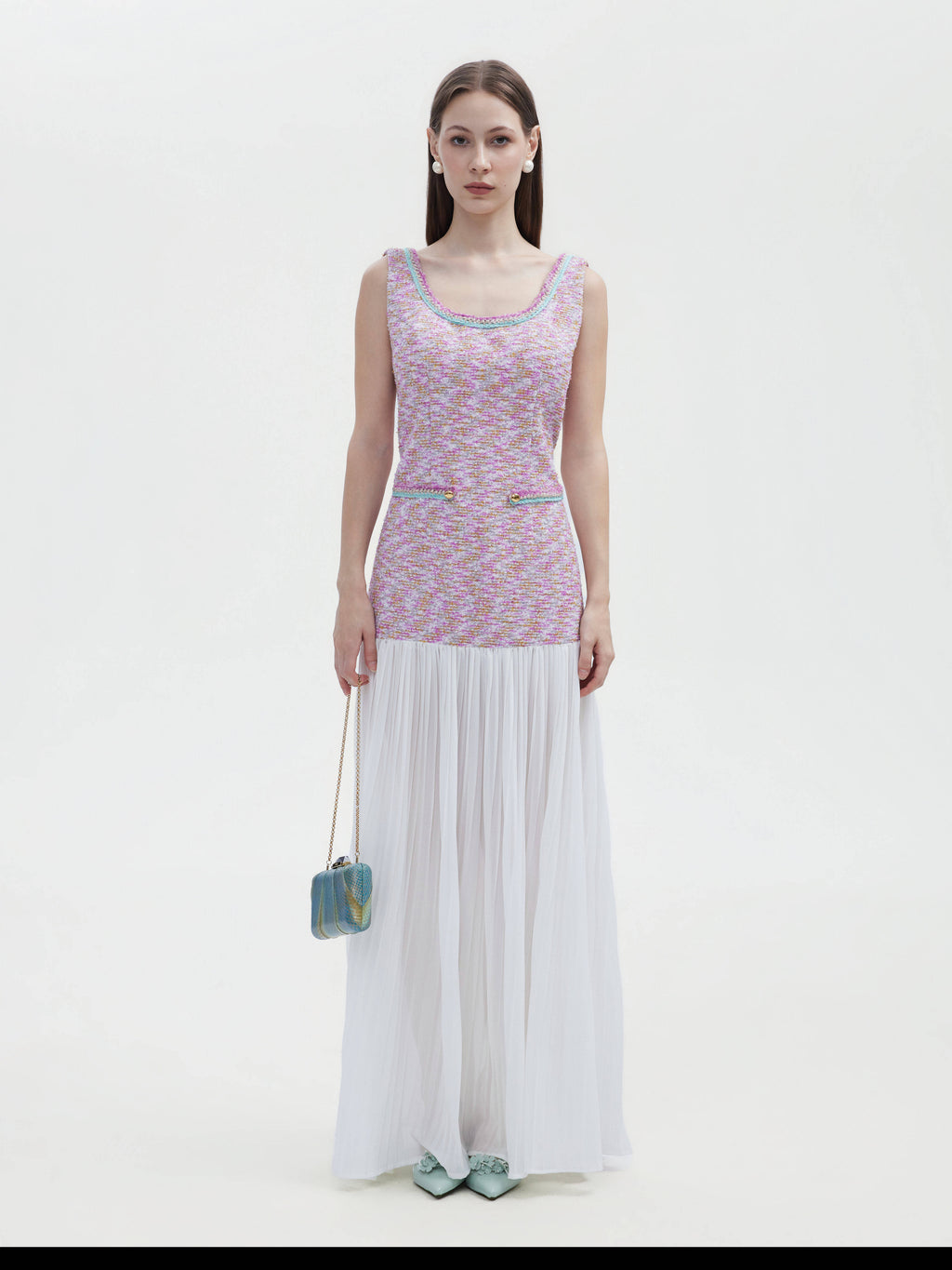 TWEED CHIFFON OPEN- BACK MAXI DRESS