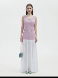 TWEED CHIFFON OPEN- BACK MAXI DRESS