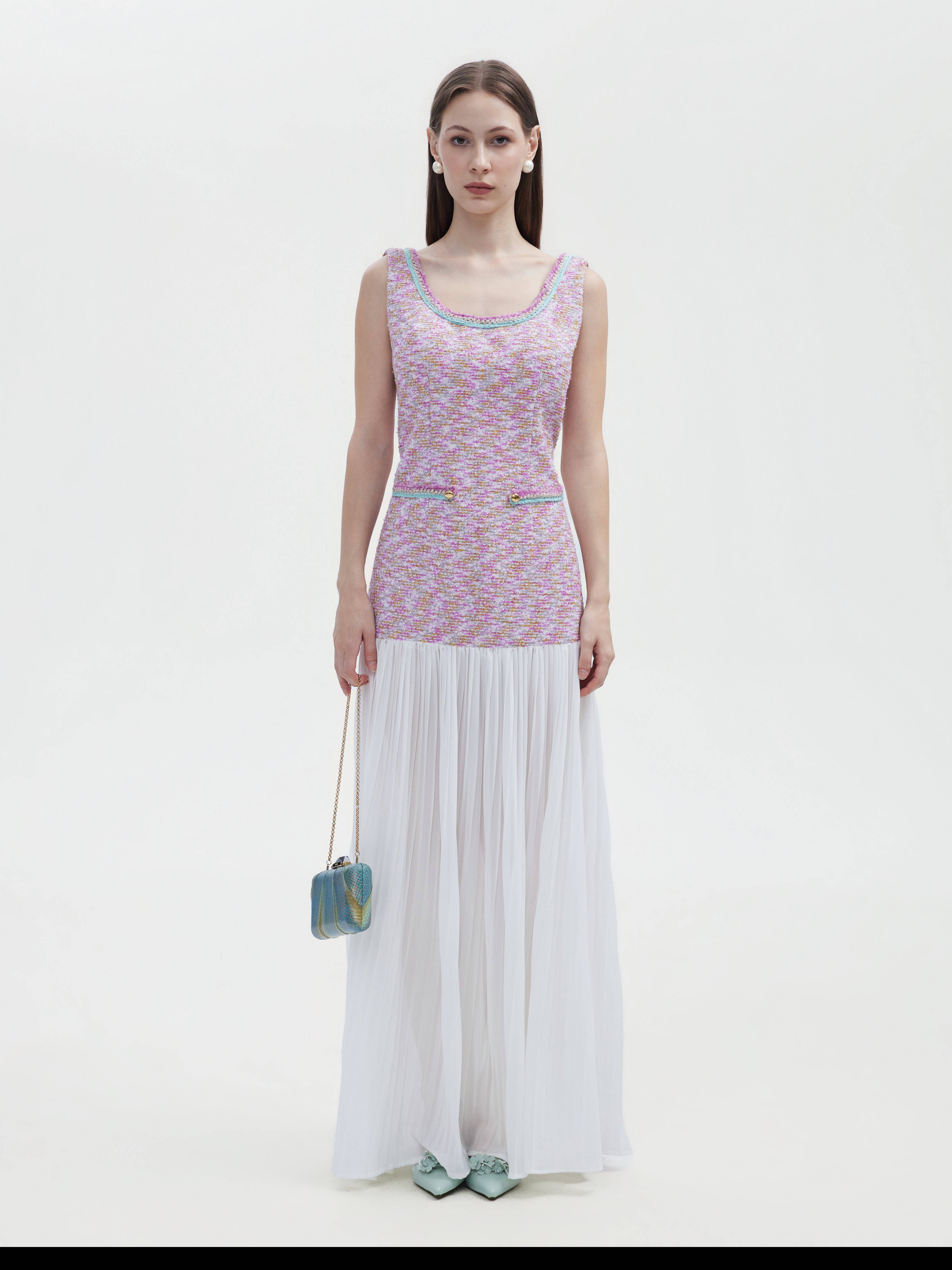 TWEED CHIFFON OPEN- BACK MAXI DRESS