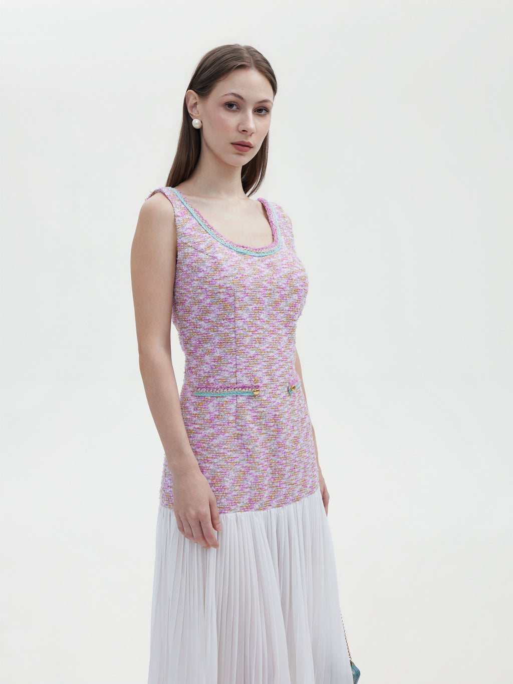 TWEED CHIFFON OPEN- BACK MAXI DRESS