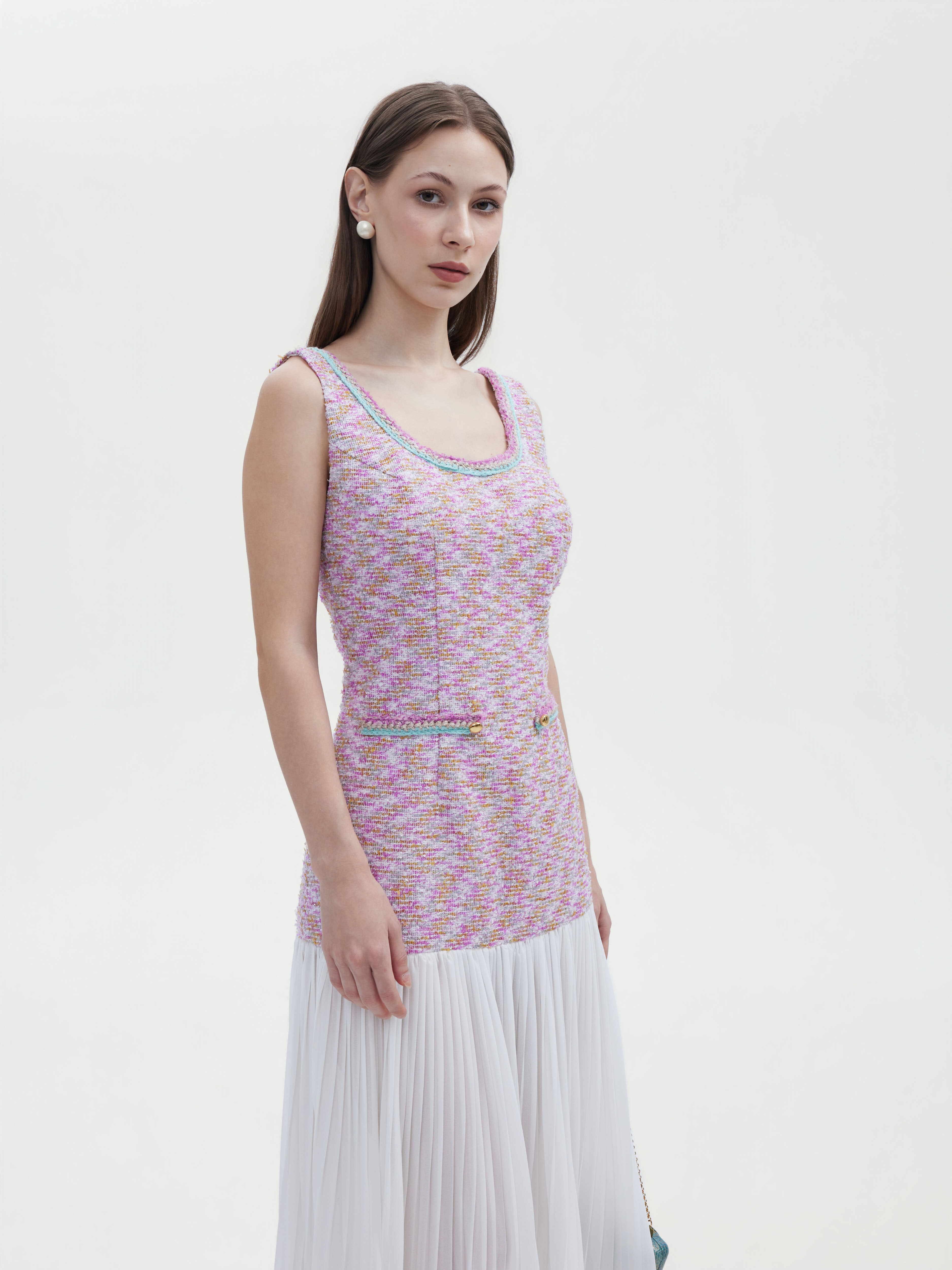 TWEED CHIFFON OPEN- BACK MAXI DRESS