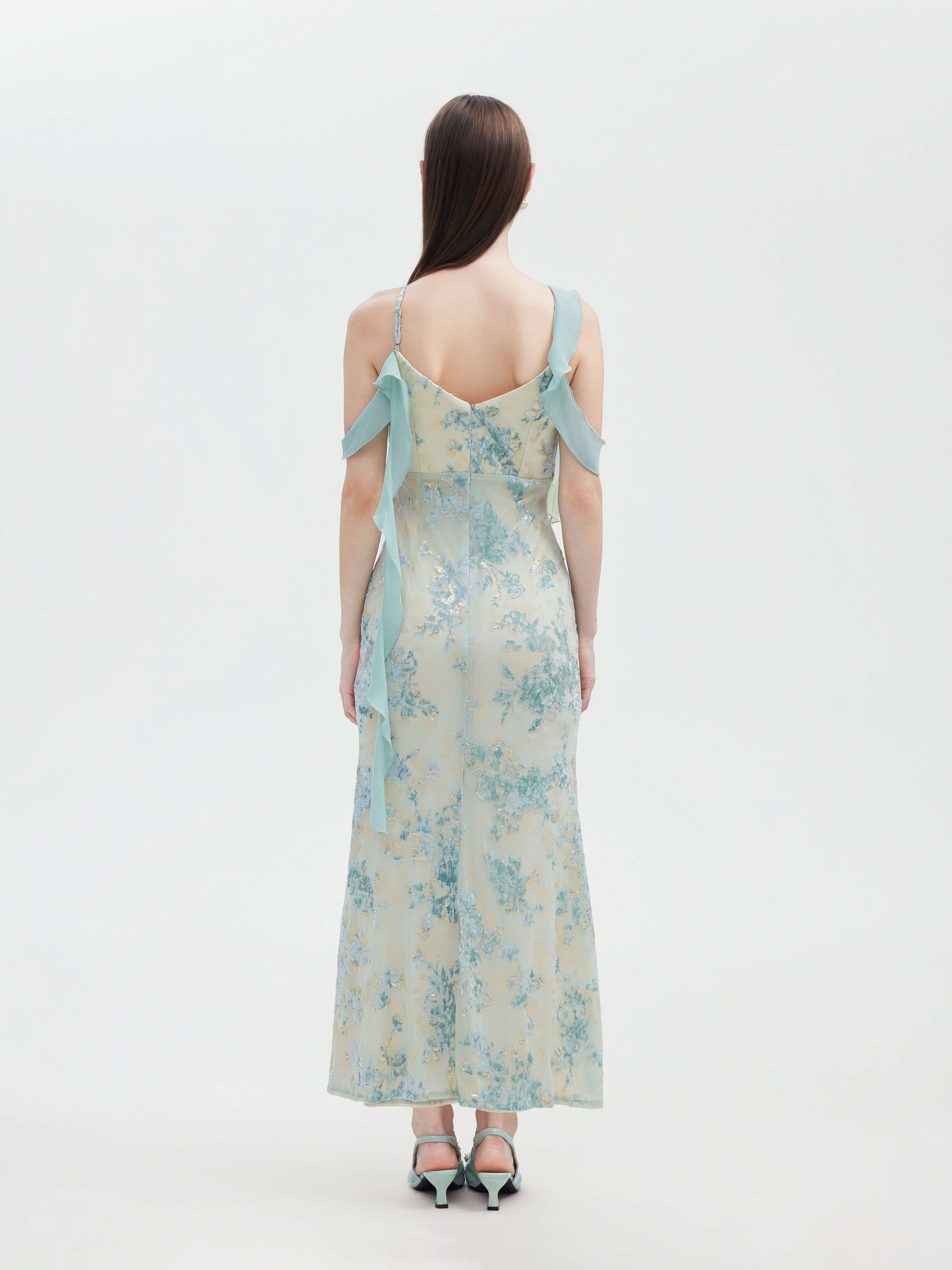 MINT FLORAL DEVORE COLD SHOULDER MAXI DRESS