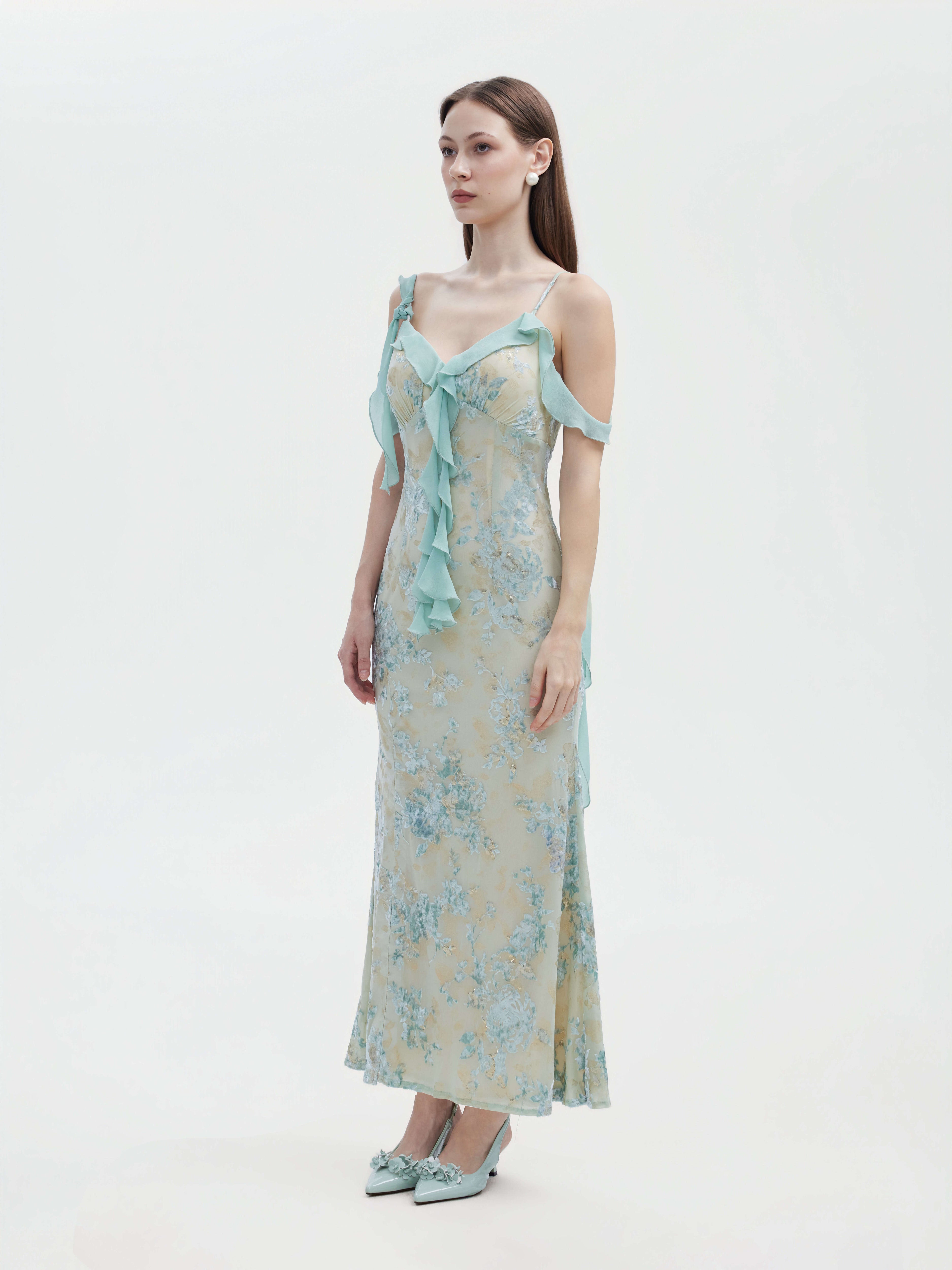MINT FLORAL DEVORE COLD SHOULDER MAXI DRESS
