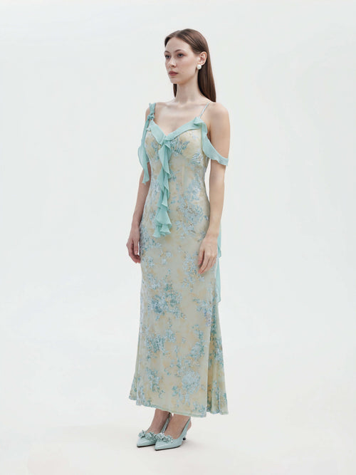 MINT FLORAL DEVORE COLD SHOULDER MAXI DRESS
