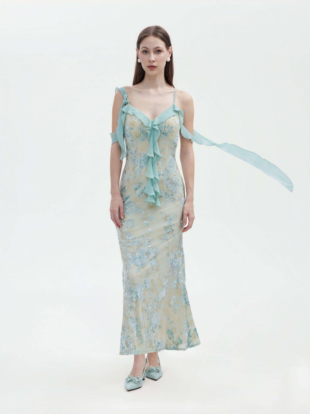 MINT FLORAL DEVORE COLD SHOULDER MAXI DRESS