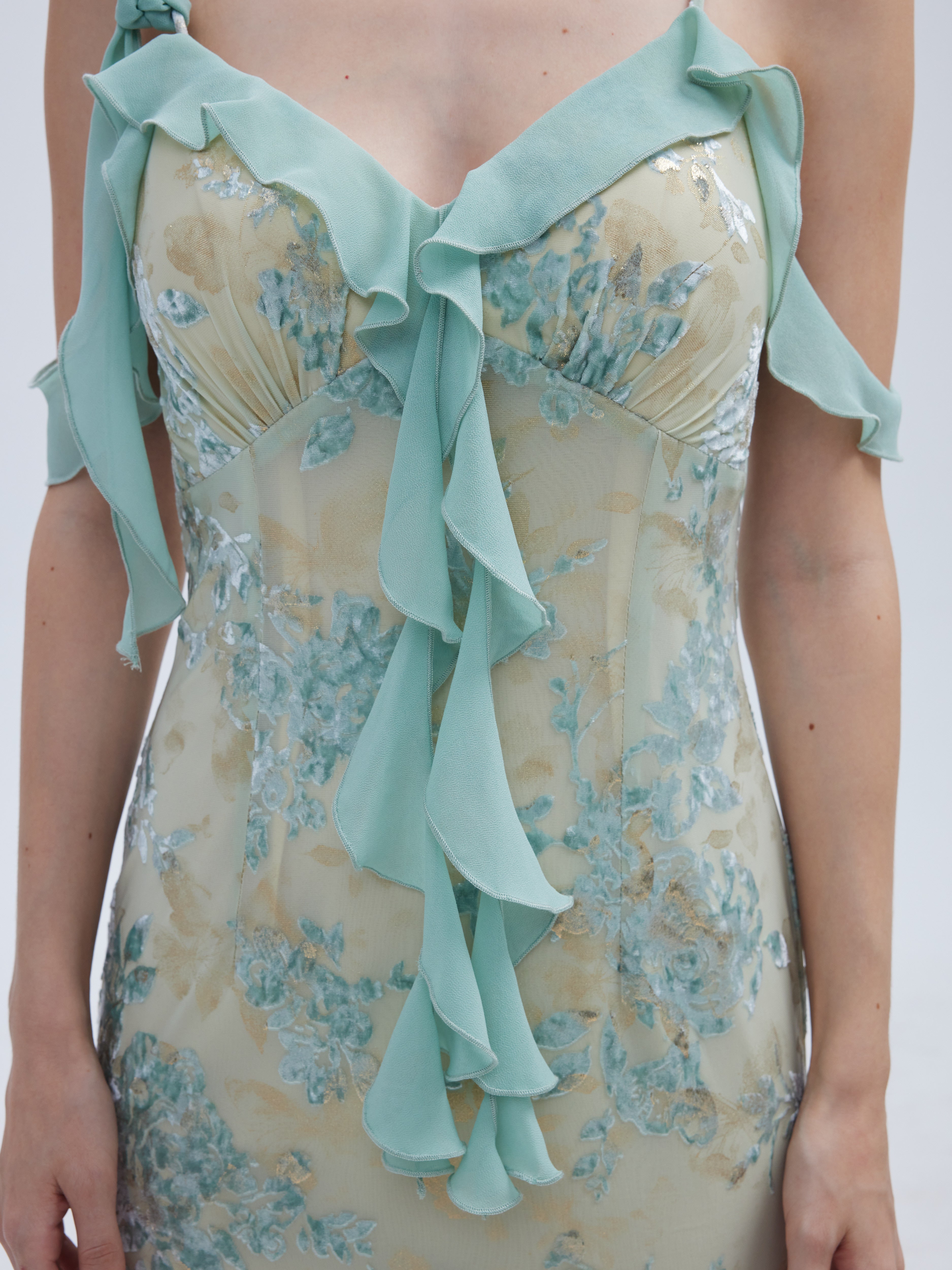 MINT FLORAL DEVORE COLD SHOULDER MAXI DRESS