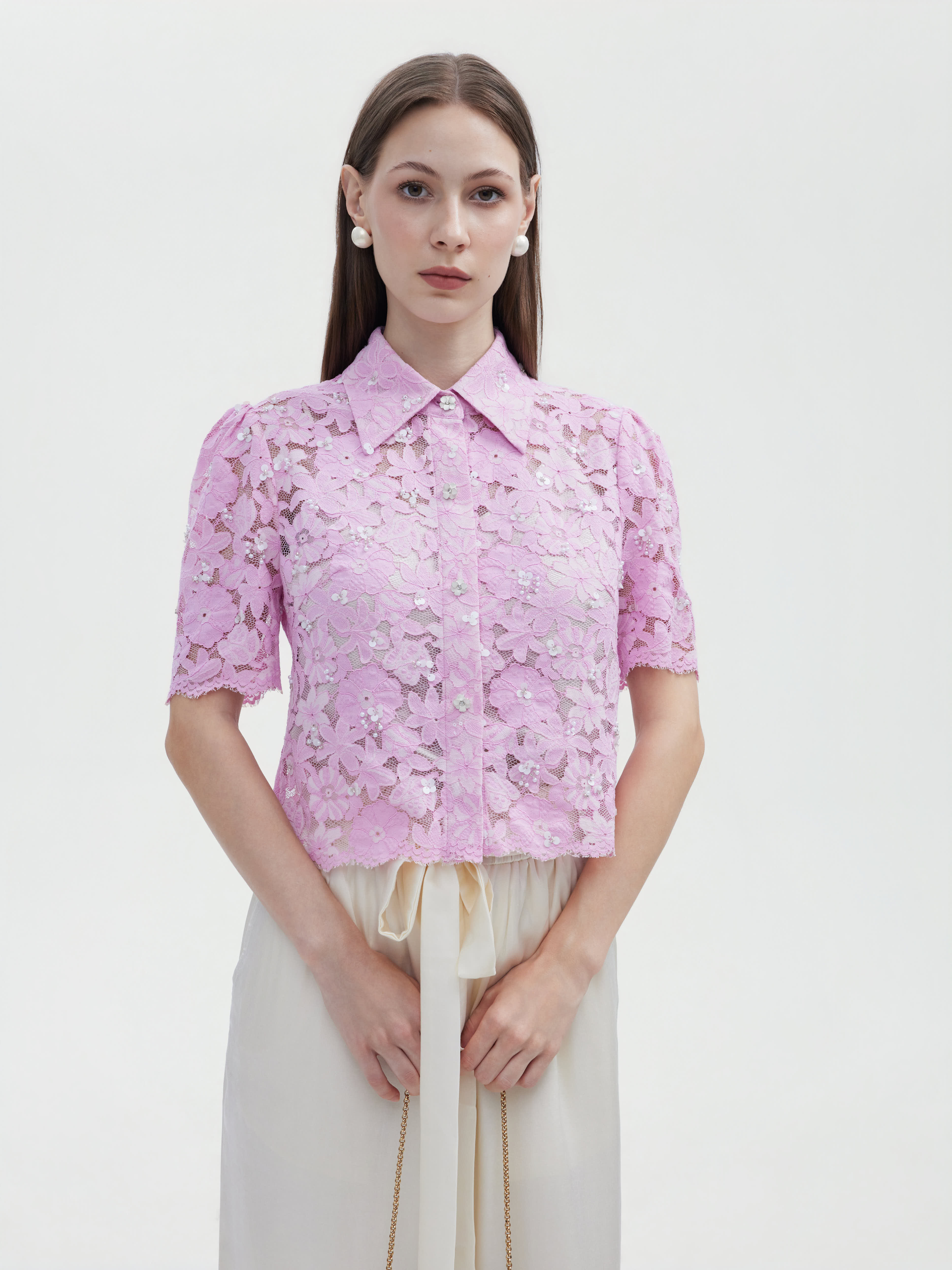 BLUSH PINK LACE PERAL BOTTON TOP