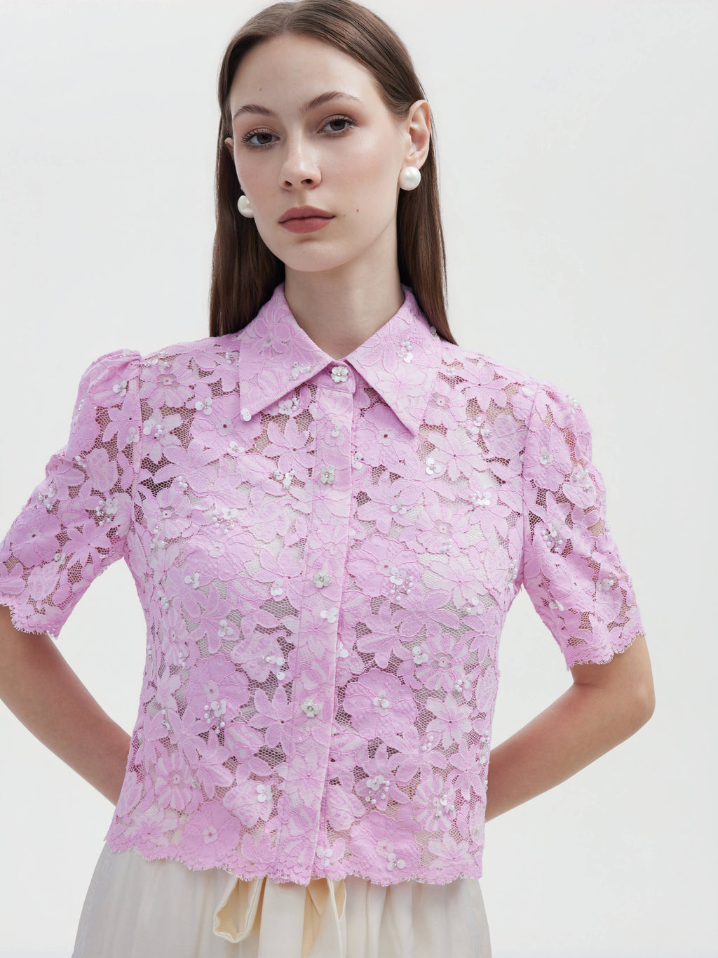 BLUSH PINK LACE PERAL BOTTON TOP