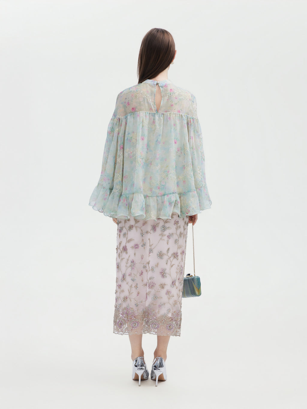 FLORAL HAND BEADED EMBROIDEREDTULLE MAXI SKIRT