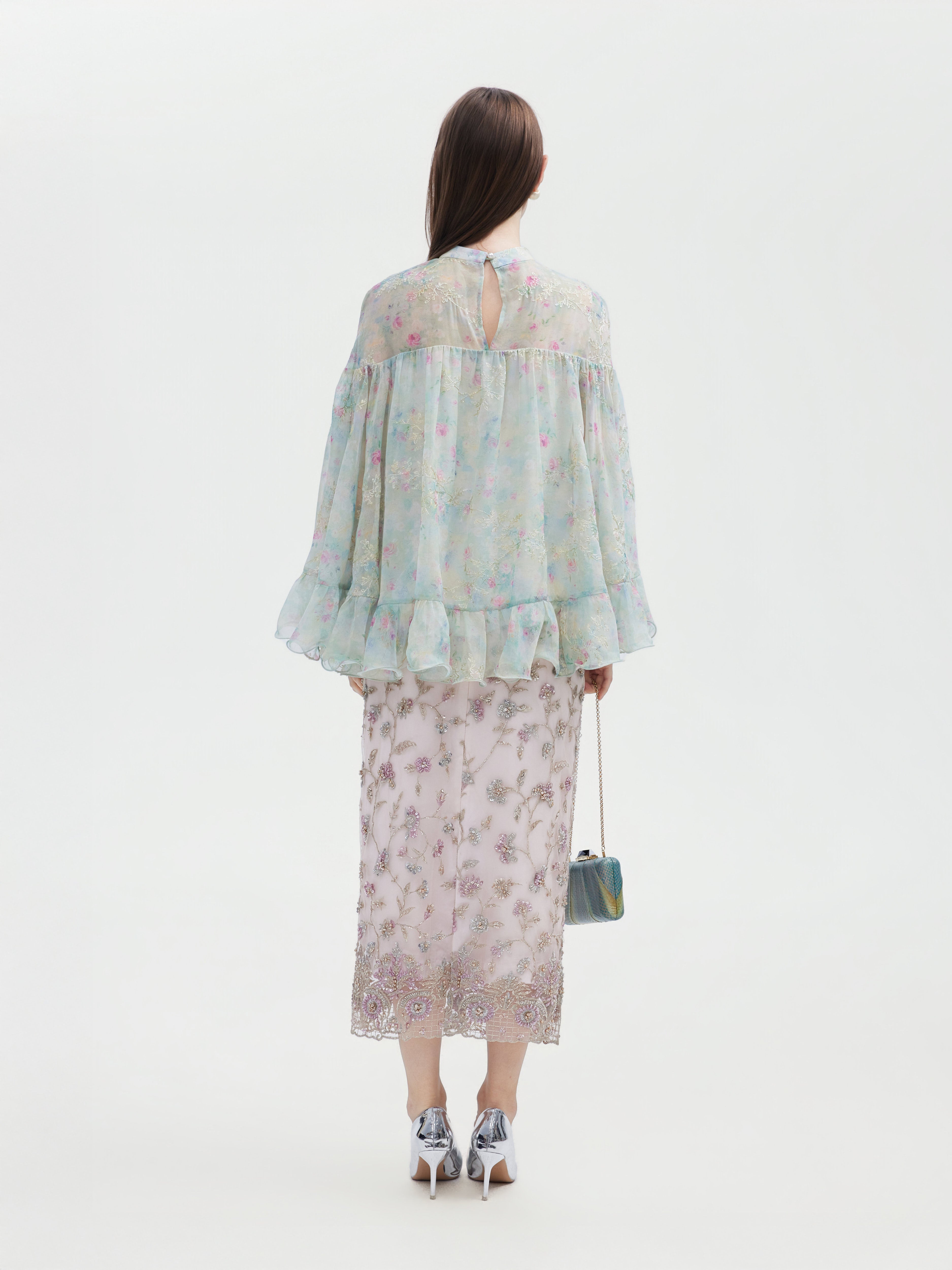 FLORAL HAND BEADED EMBROIDEREDTULLE MAXI SKIRT