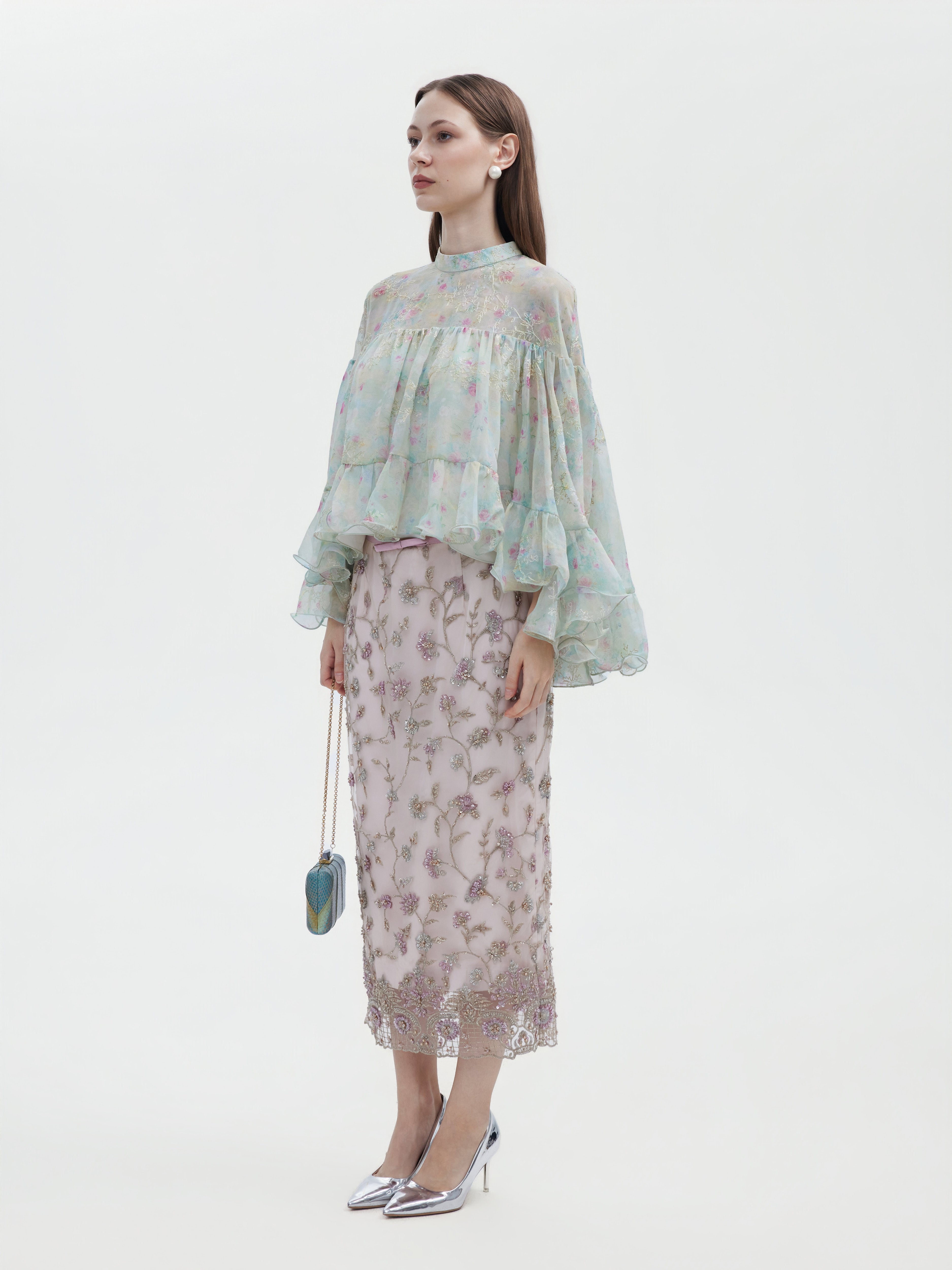 FLORAL HAND BEADED EMBROIDEREDTULLE MAXI SKIRT