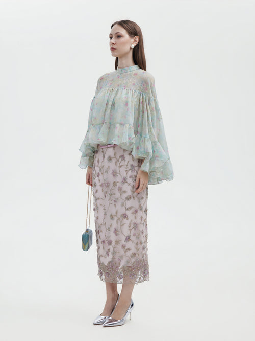FLORAL HAND BEADED EMBROIDEREDTULLE MAXI SKIRT