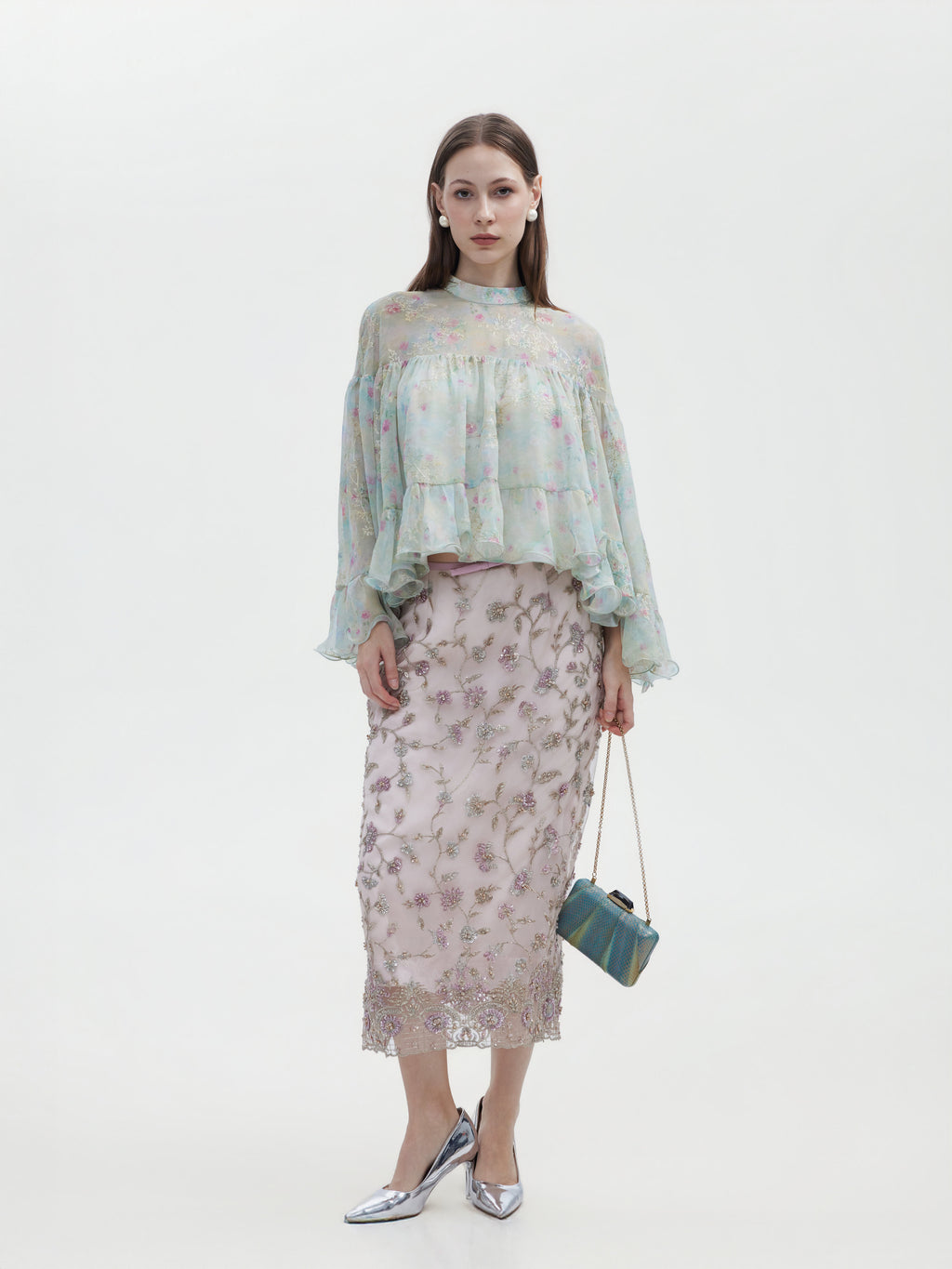 FLORAL HAND BEADED EMBROIDEREDTULLE MAXI SKIRT
