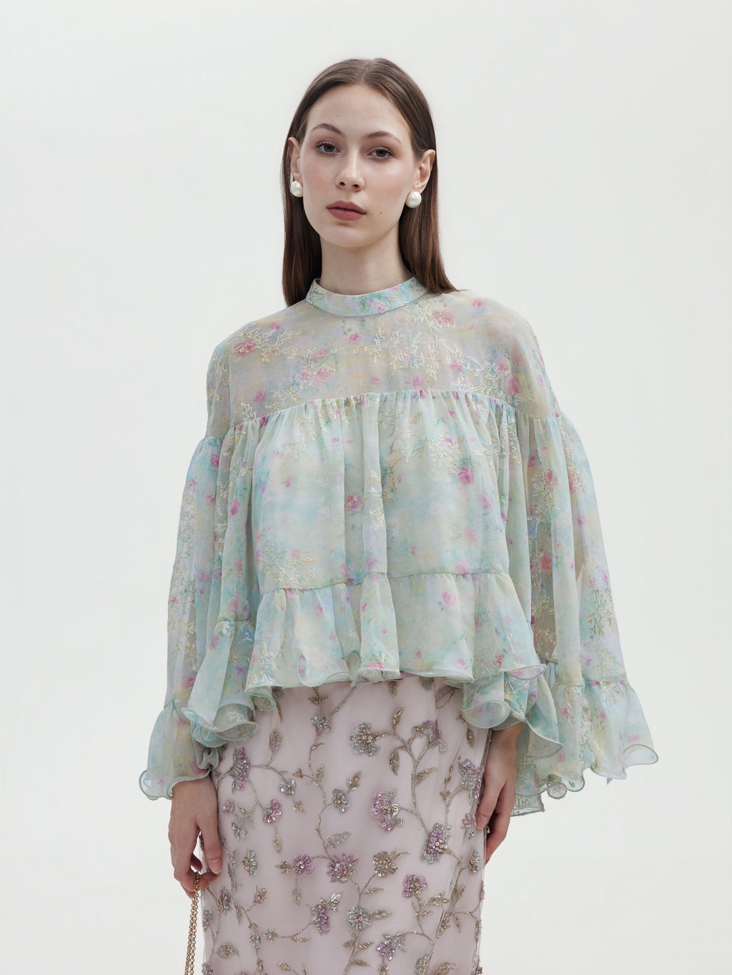 MINT WATERCOLOUR FLORA EMBROIDERED TOP
