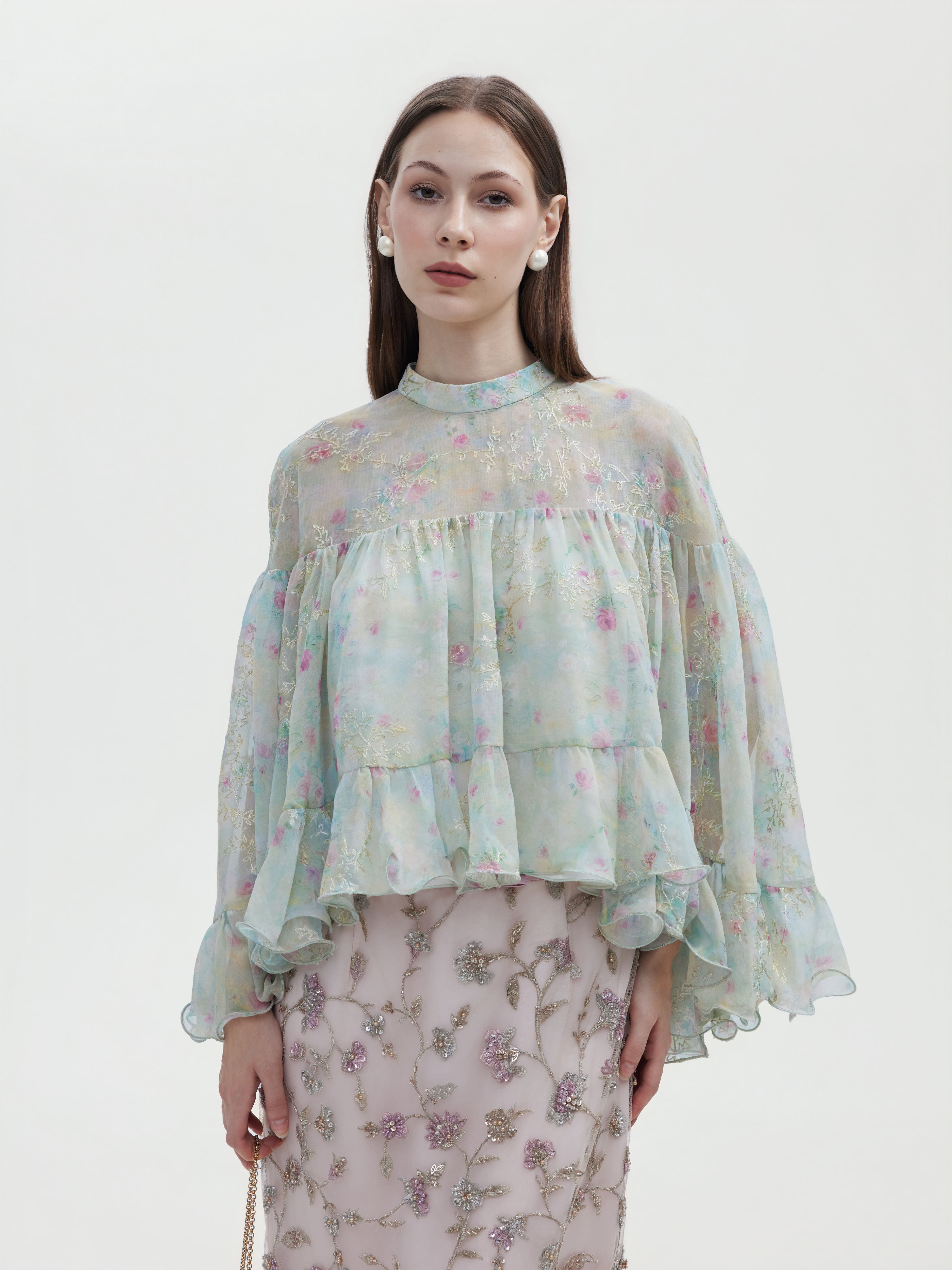 MINT WATERCOLOUR FLORA EMBROIDERED TOP