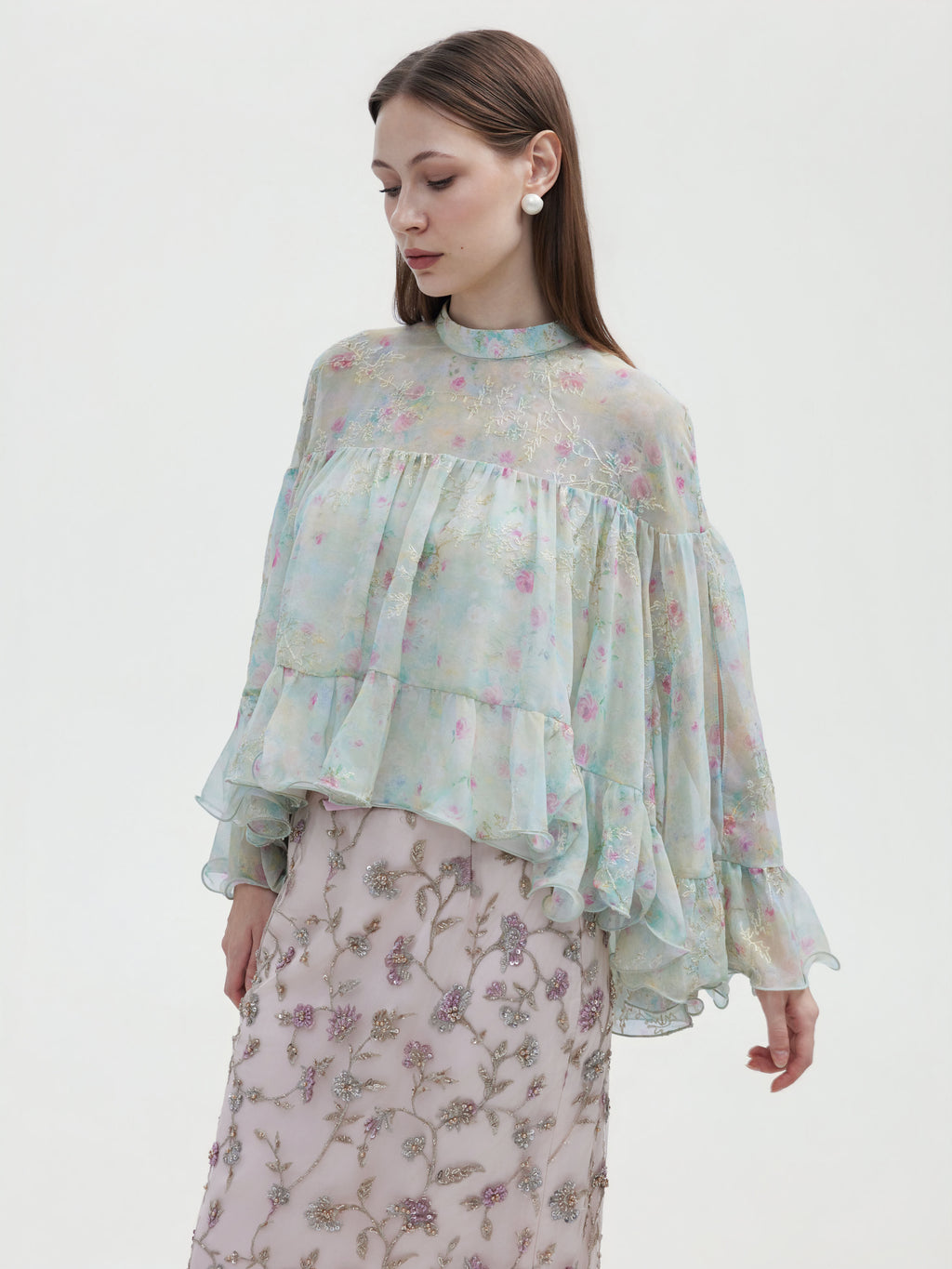 MINT WATERCOLOUR FLORA EMBROIDERED TOP