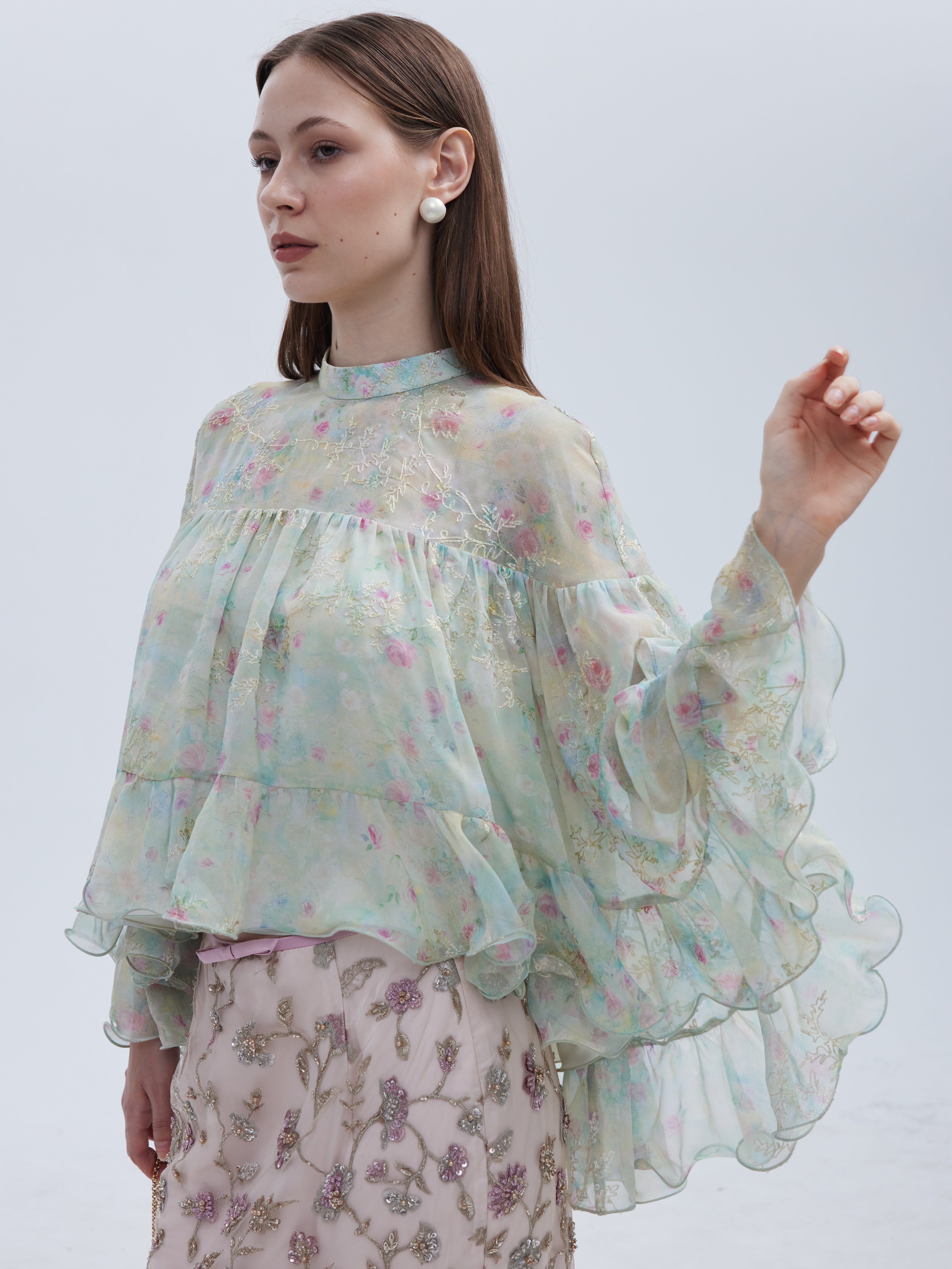 MINT WATERCOLOUR FLORA EMBROIDERED TOP