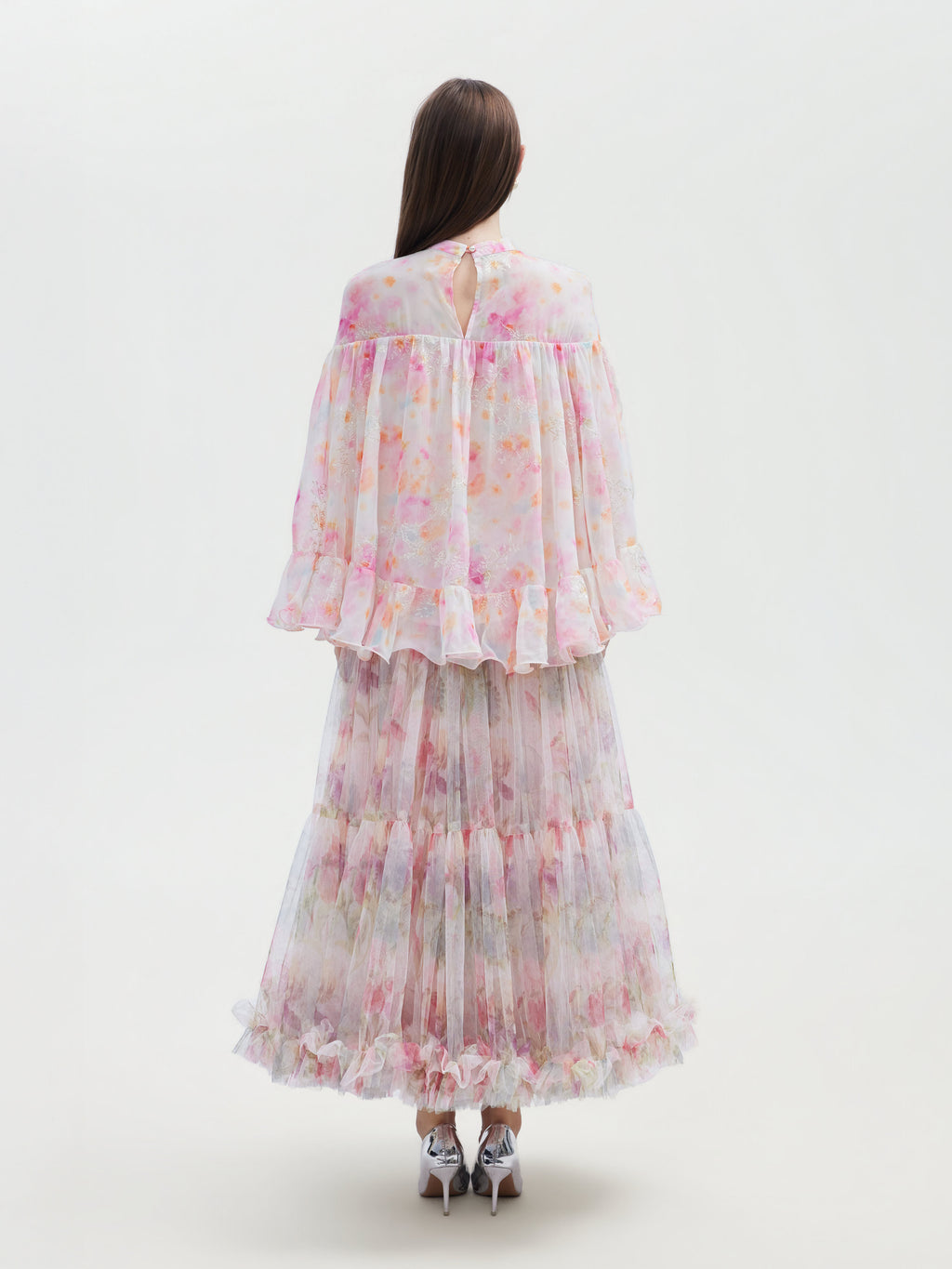 WATERCOLOR FLORAL TIERED ORGANZA SKIRT