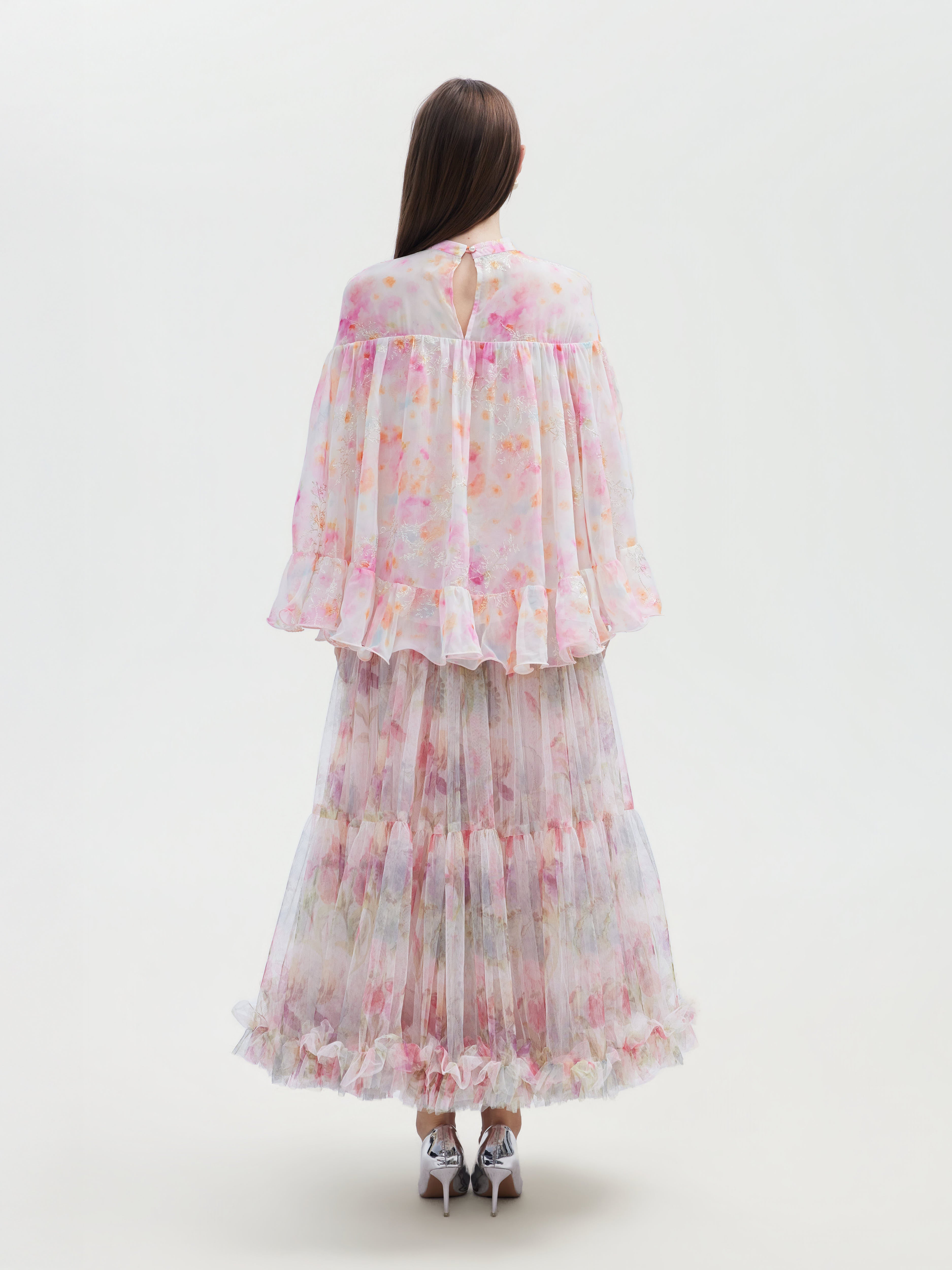 WATERCOLOR FLORAL TIERED ORGANZA SKIRT