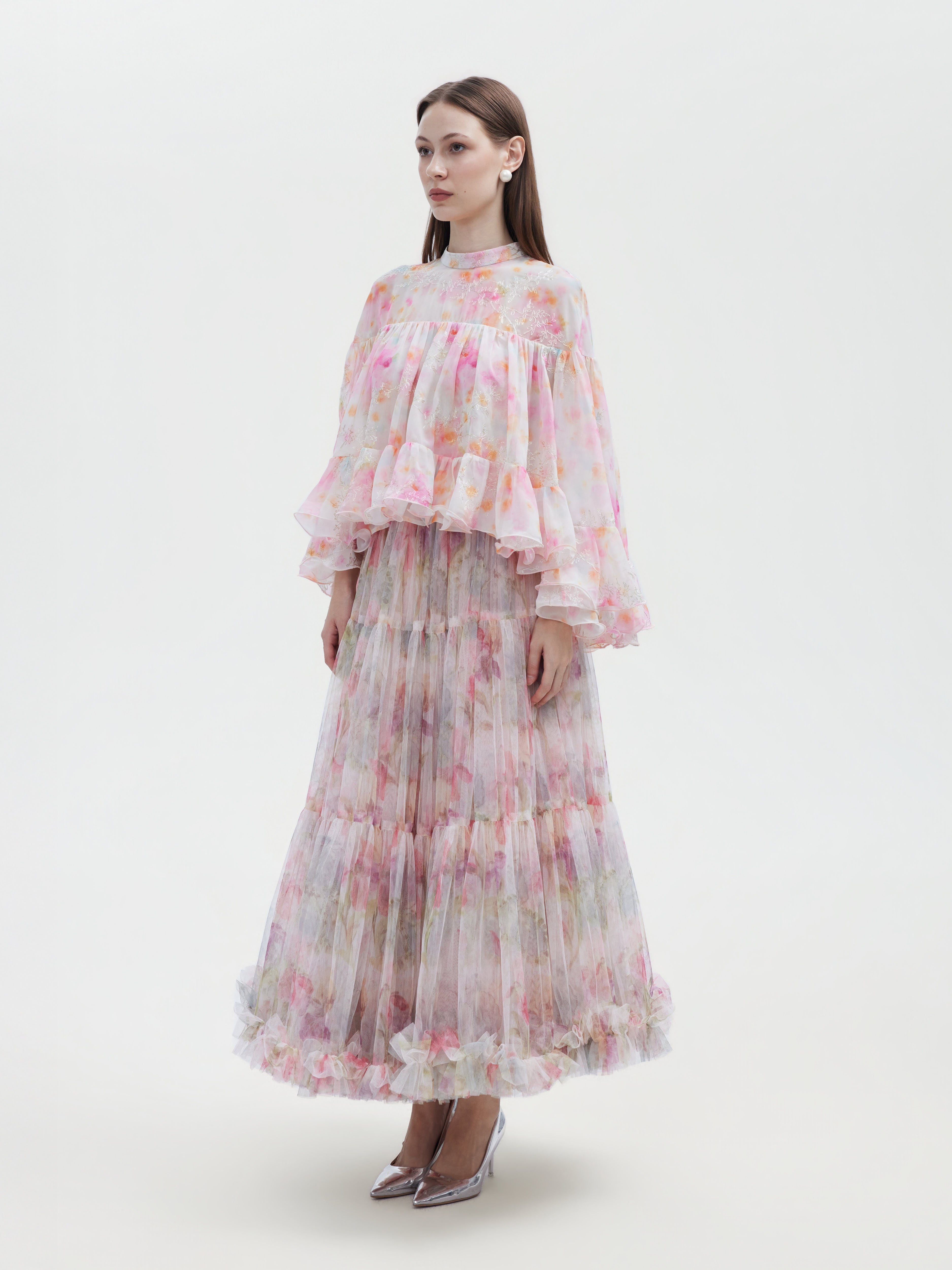WATERCOLOR FLORAL TIERED ORGANZA SKIRT