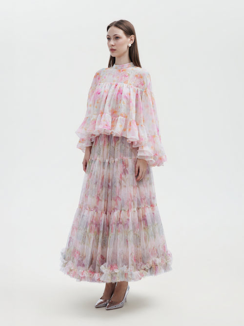 WATERCOLOR FLORAL TIERED ORGANZA SKIRT