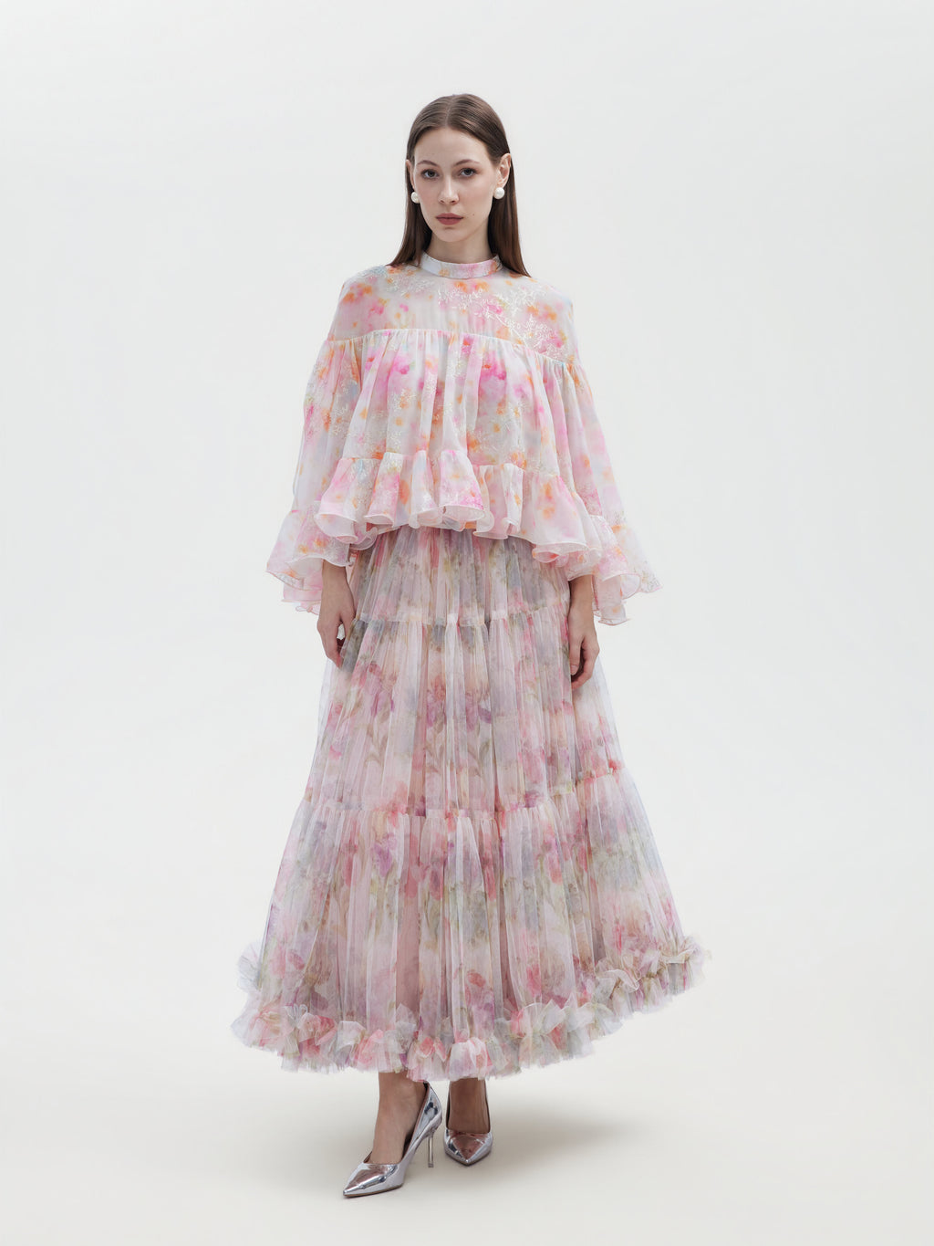 WATERCOLOR FLORAL TIERED ORGANZA SKIRT