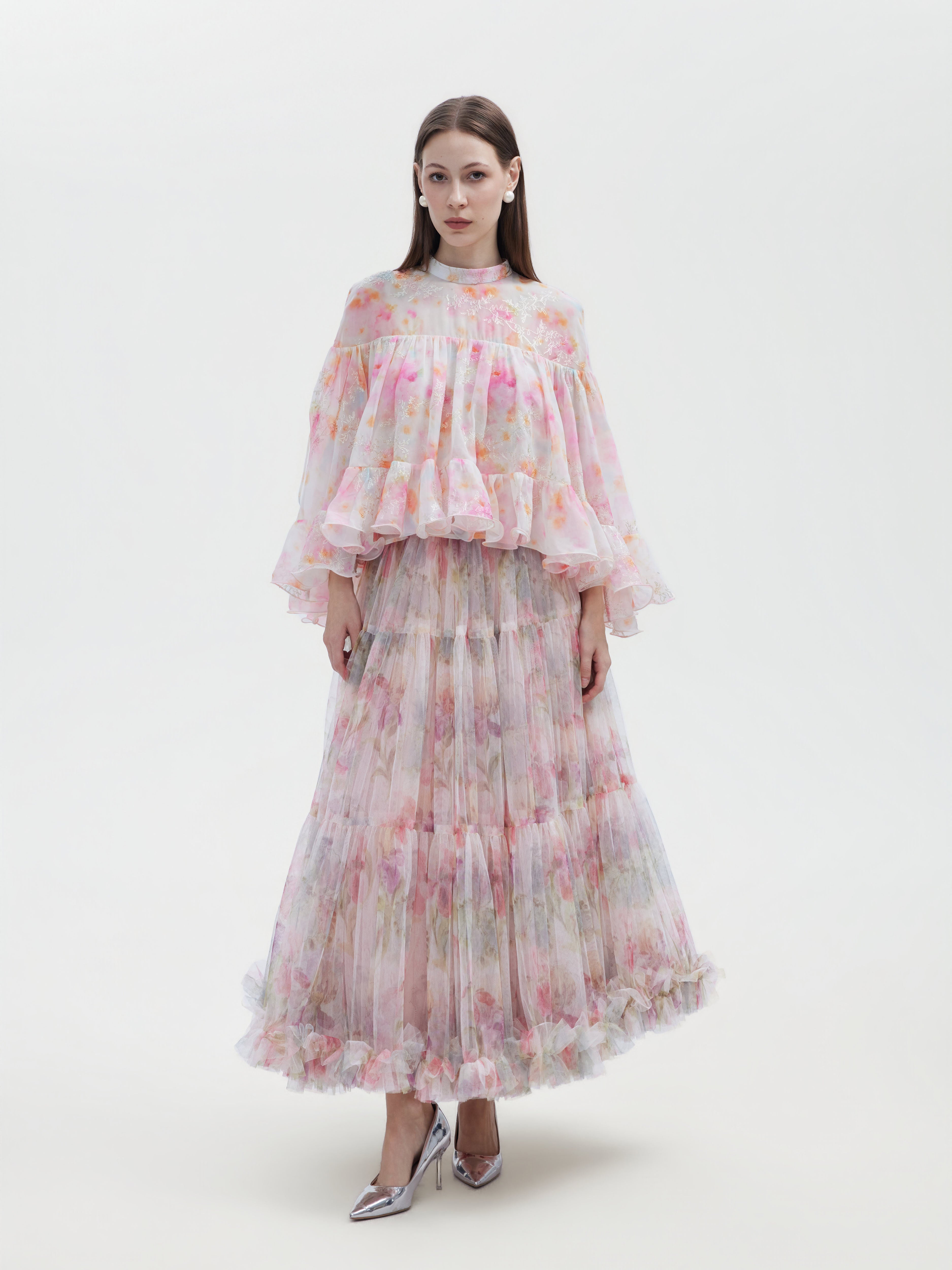 WATERCOLOR FLORAL TIERED ORGANZA SKIRT