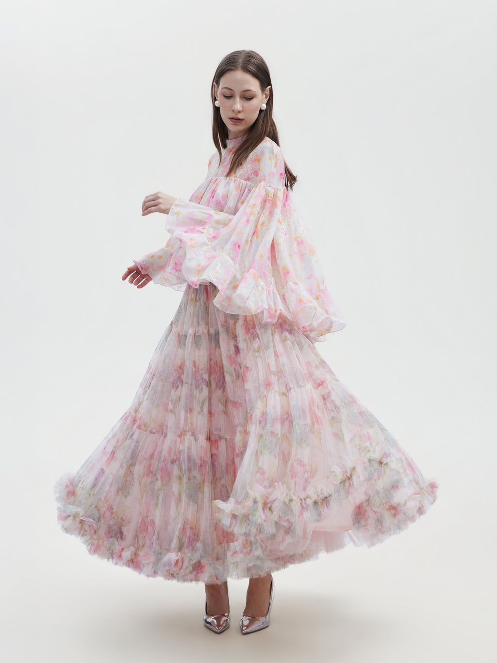 WATERCOLOR FLORAL TIERED ORGANZA SKIRT
