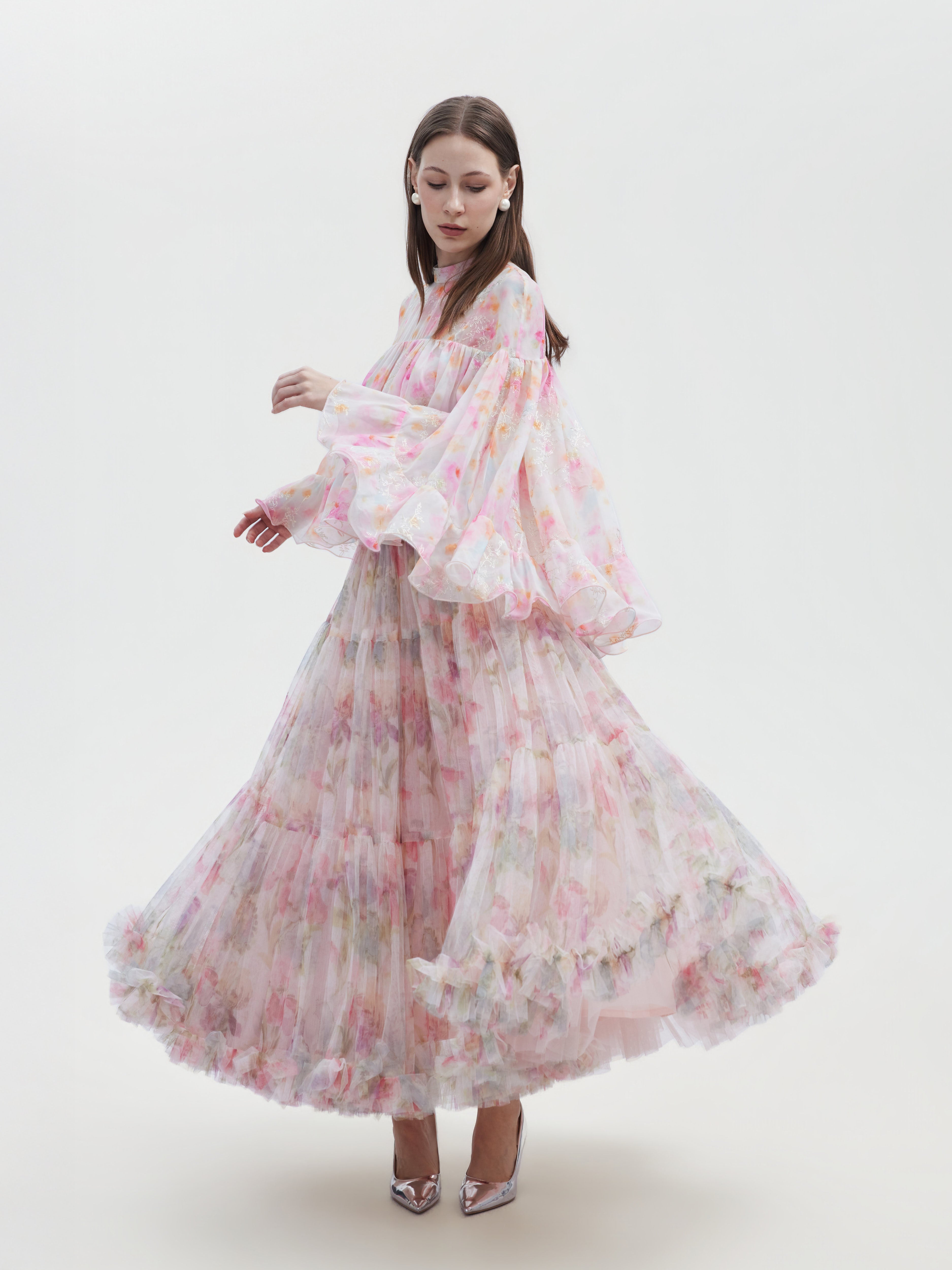 WATERCOLOR FLORAL TIERED ORGANZA SKIRT