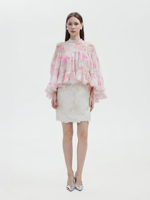 WATERCOLOR FLORA EMBROIDERED RUFFLE TOP