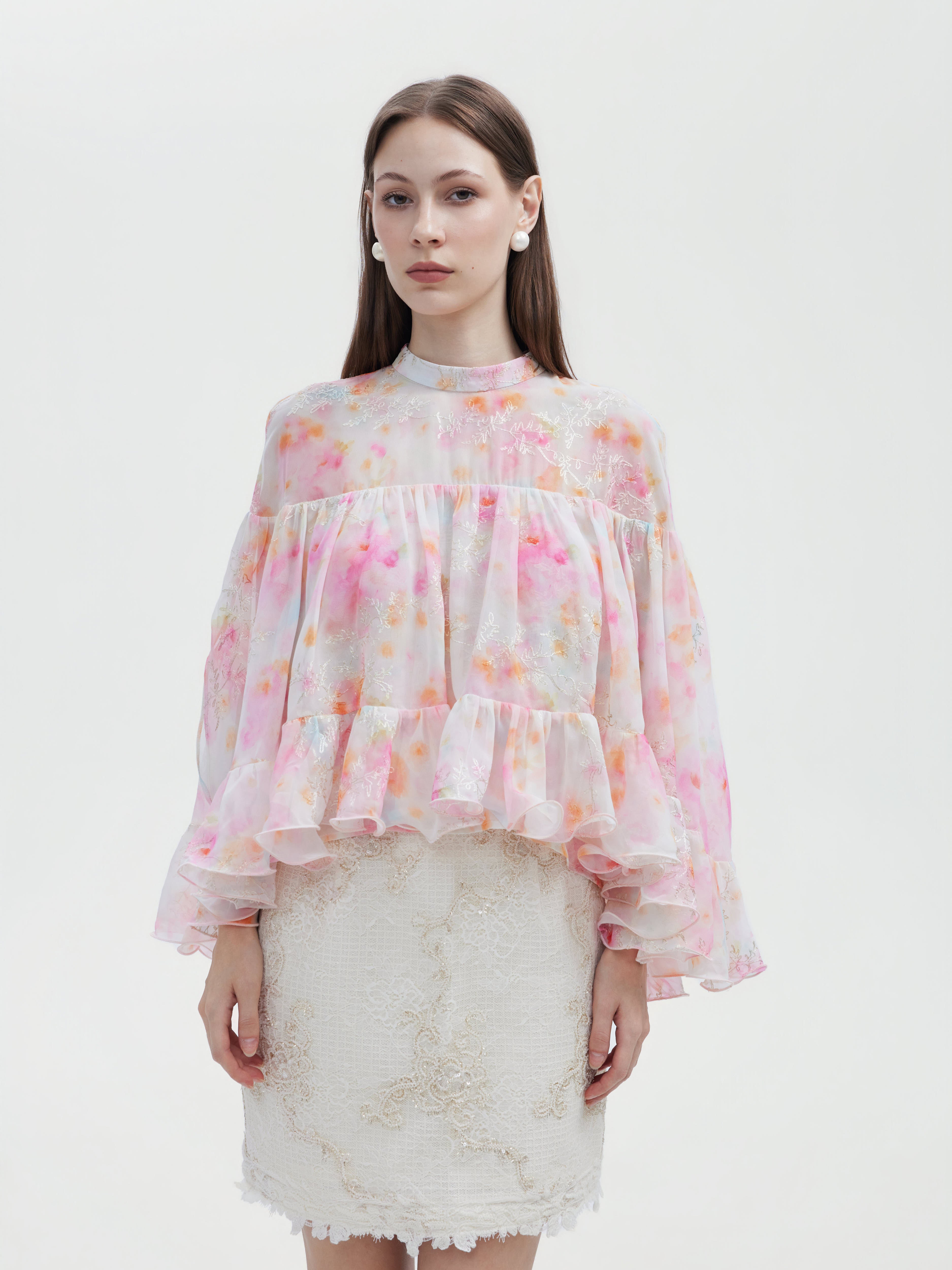 WATERCOLOR FLORA EMBROIDERED RUFFLE SILK TOP