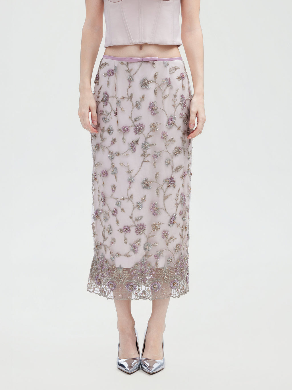FLORAL HAND BEADED EMBROIDEREDTULLE MAXI SKIRT
