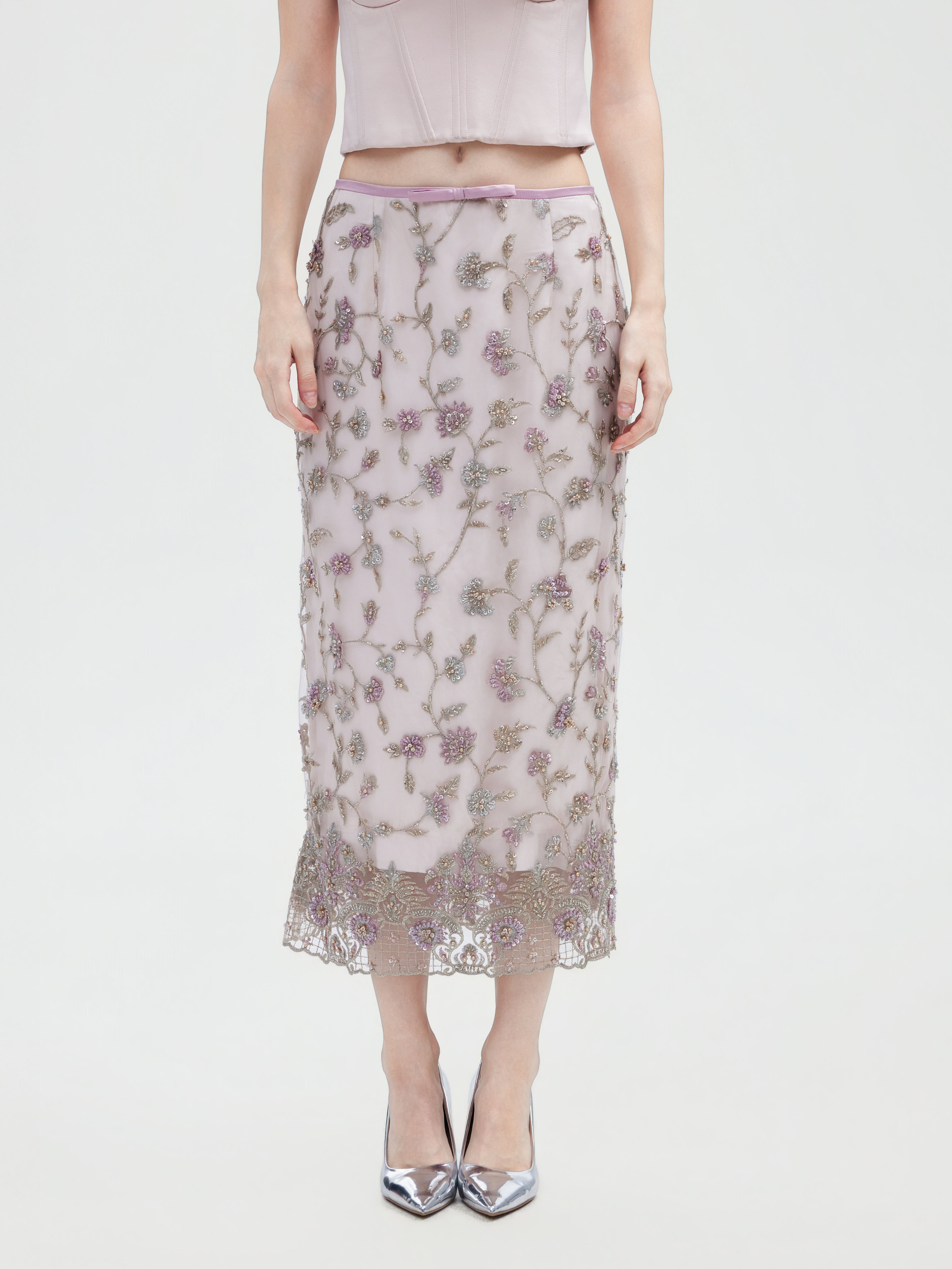 FLORAL HAND BEADED EMBROIDEREDTULLE MAXI SKIRT