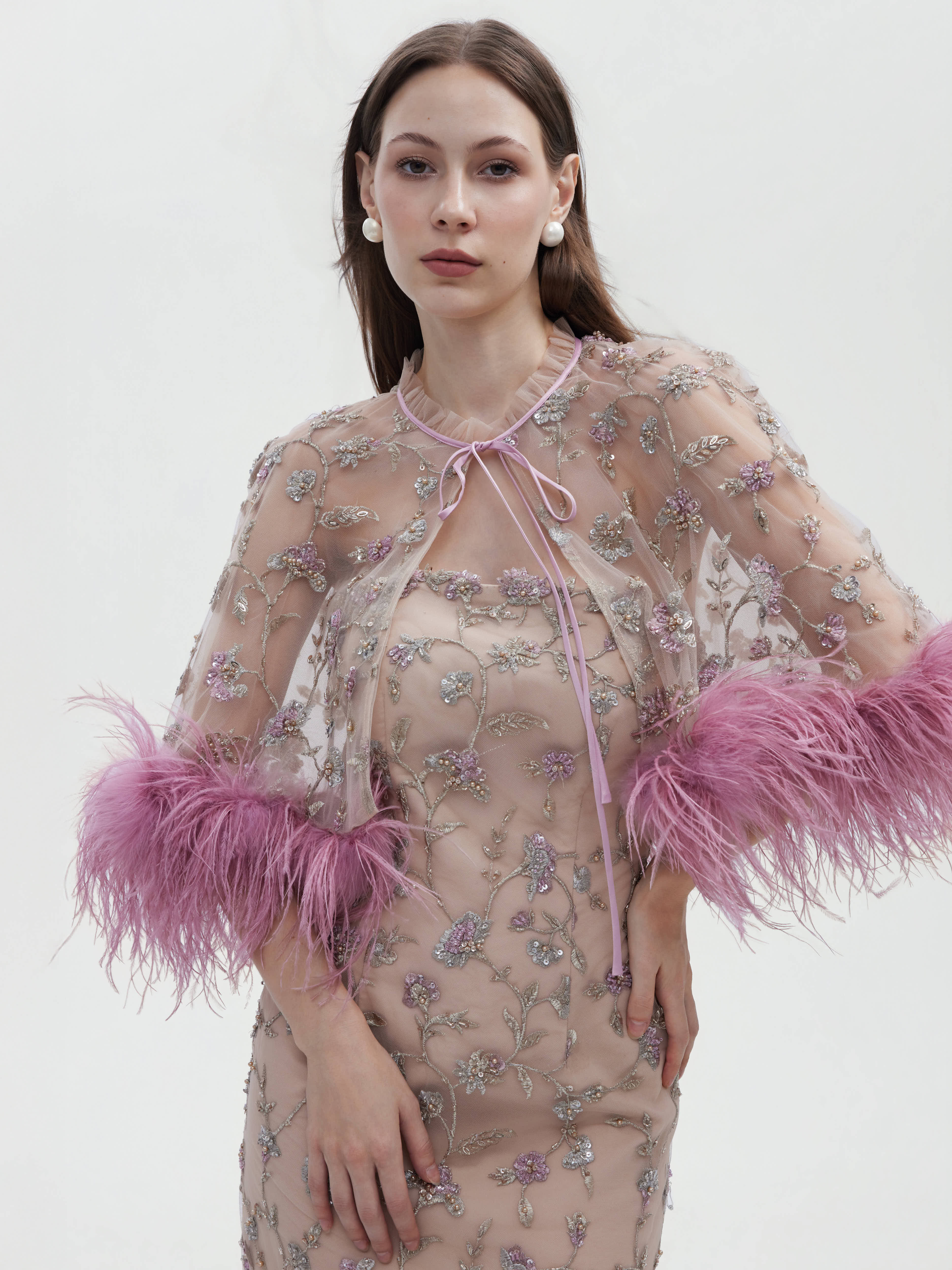 PINK FEATHER TRIMMED FLORAL EMBROIDERED CAPELET