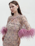 PINK FEATHER TRIMMED FLORAL EMBROIDERED CAPELET