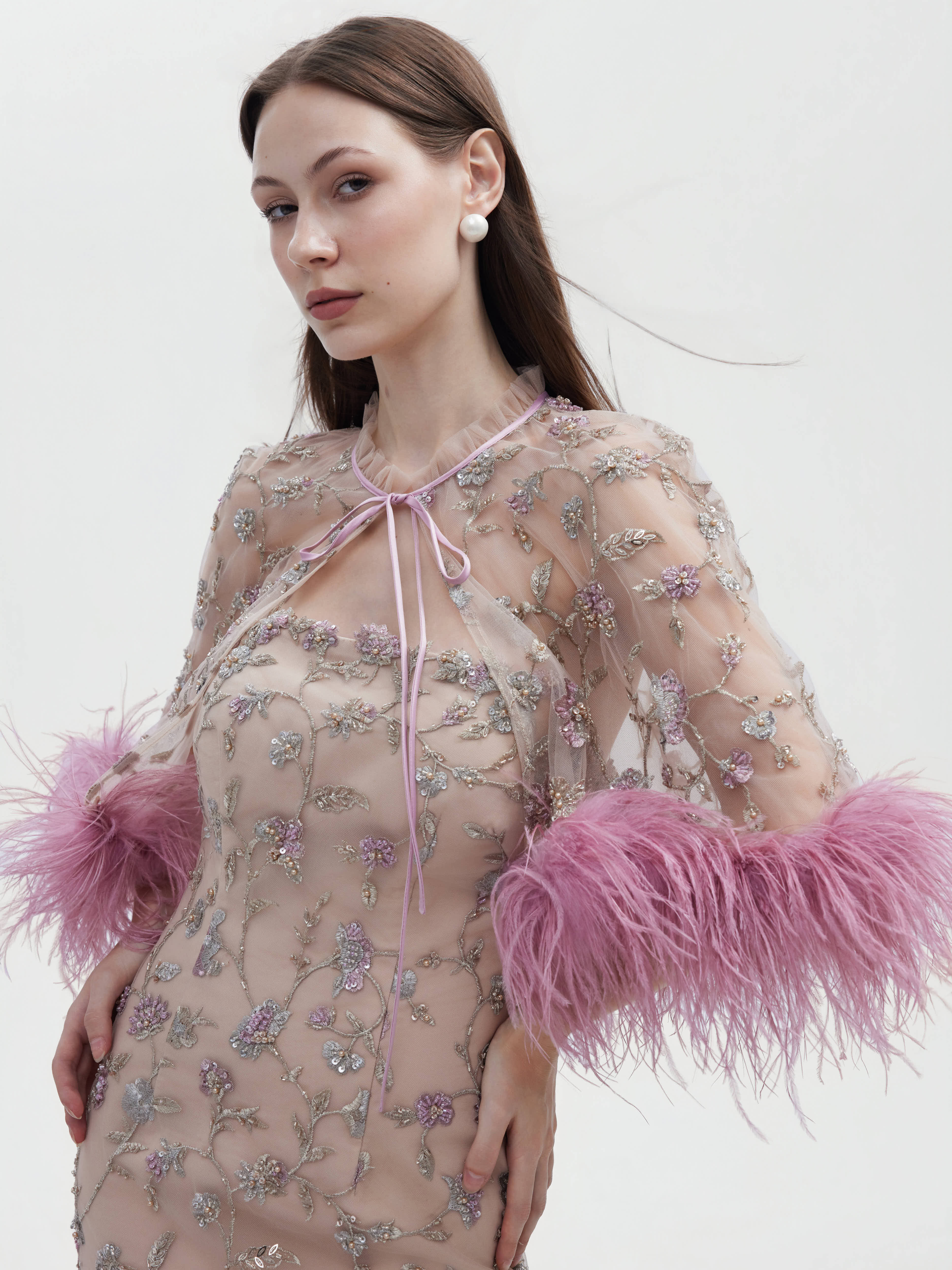 PINK FEATHER TRIMMED FLORAL EMBROIDERED CAPELET