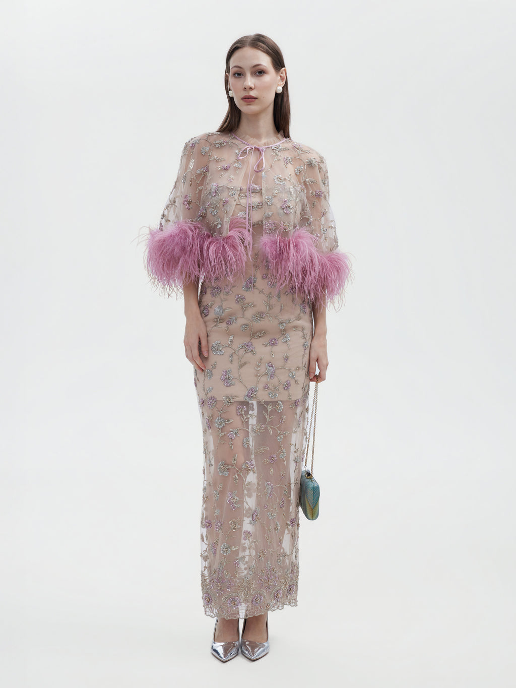 PINK FEATHER TRIMMED FLORAL EMBROIDERED CAPELET