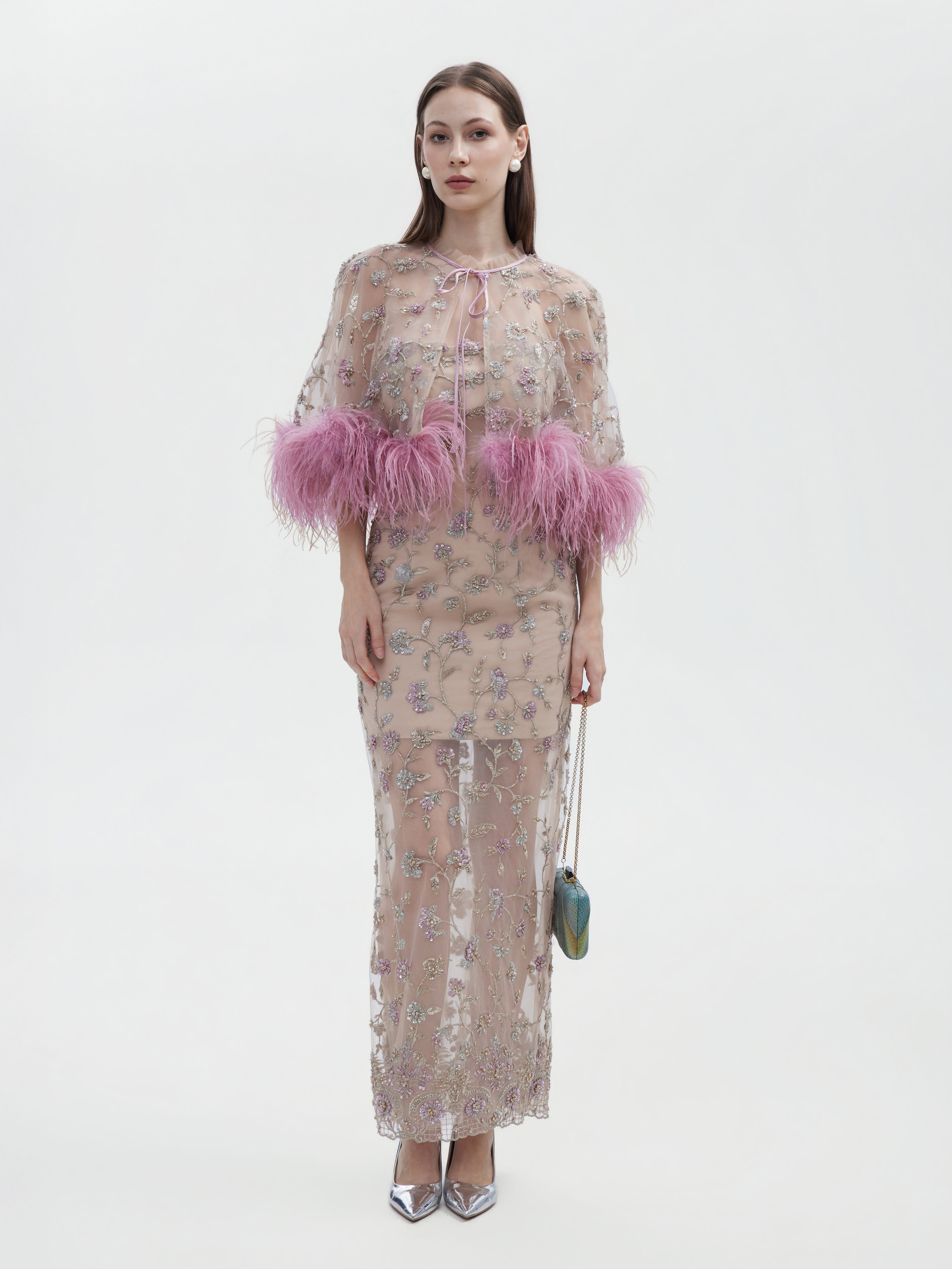 PINK FEATHER TRIMMED FLORAL EMBROIDERED CAPELET