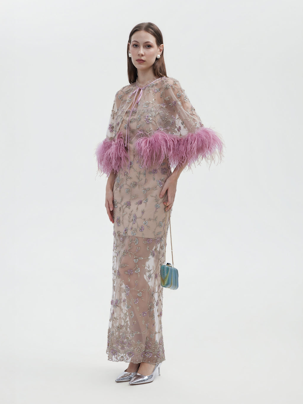 PINK FEATHER TRIMMED FLORAL EMBROIDERED CAPELET