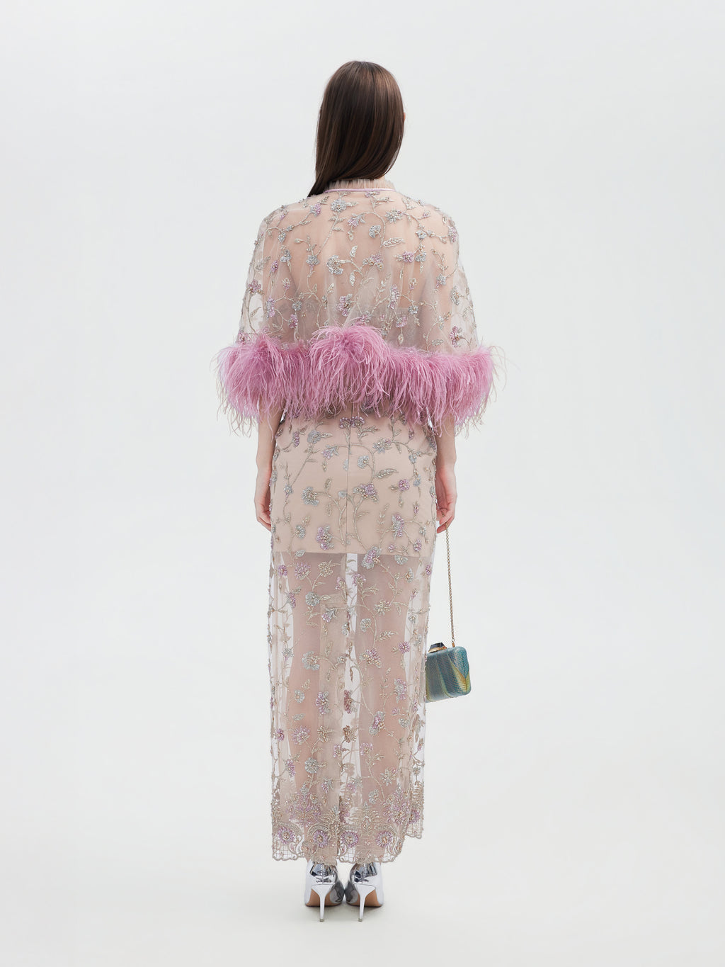 PINK FEATHER TRIMMED FLORAL EMBROIDERED CAPELET