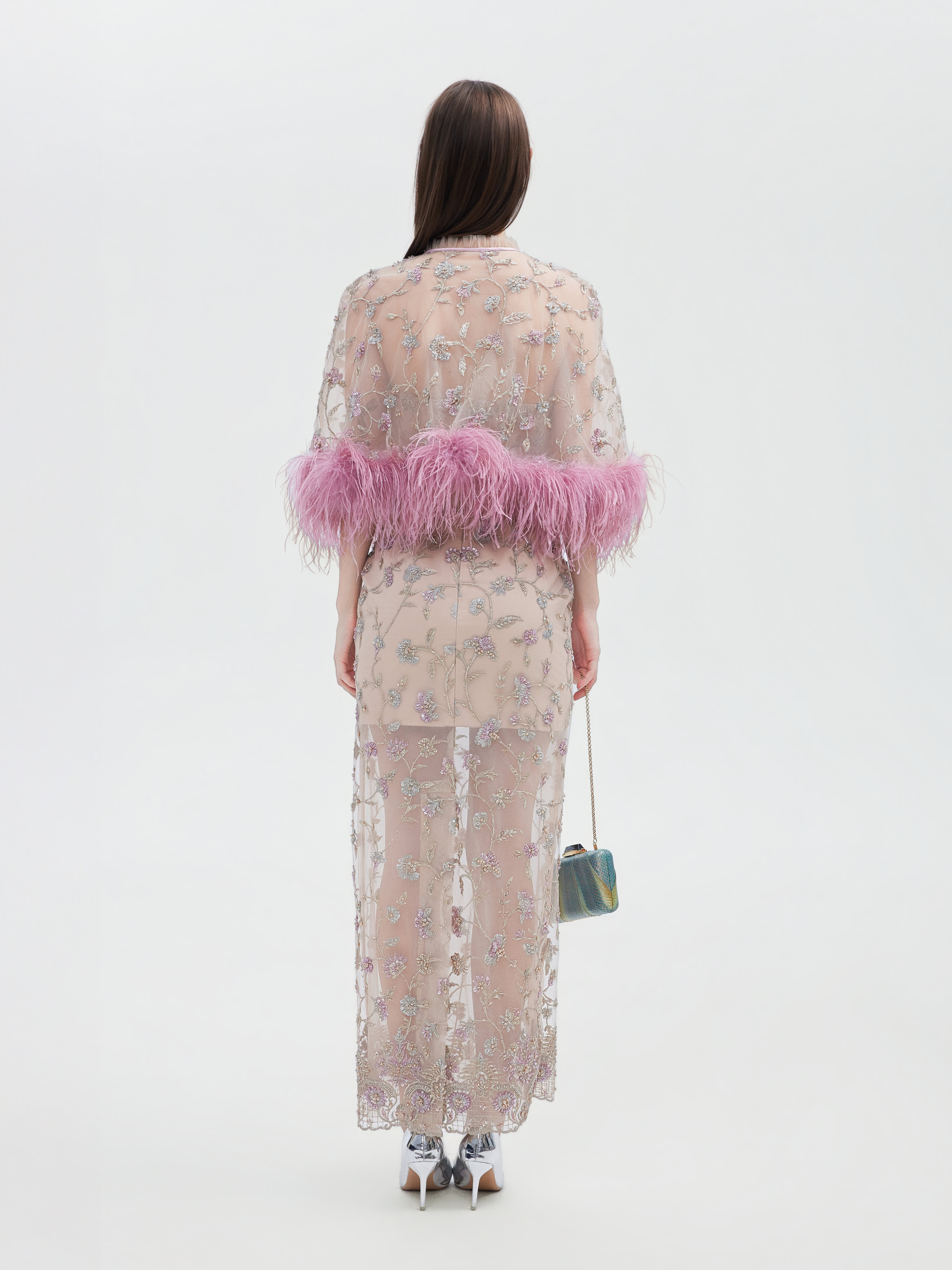 PINK FEATHER TRIMMED FLORAL EMBROIDERED CAPELET
